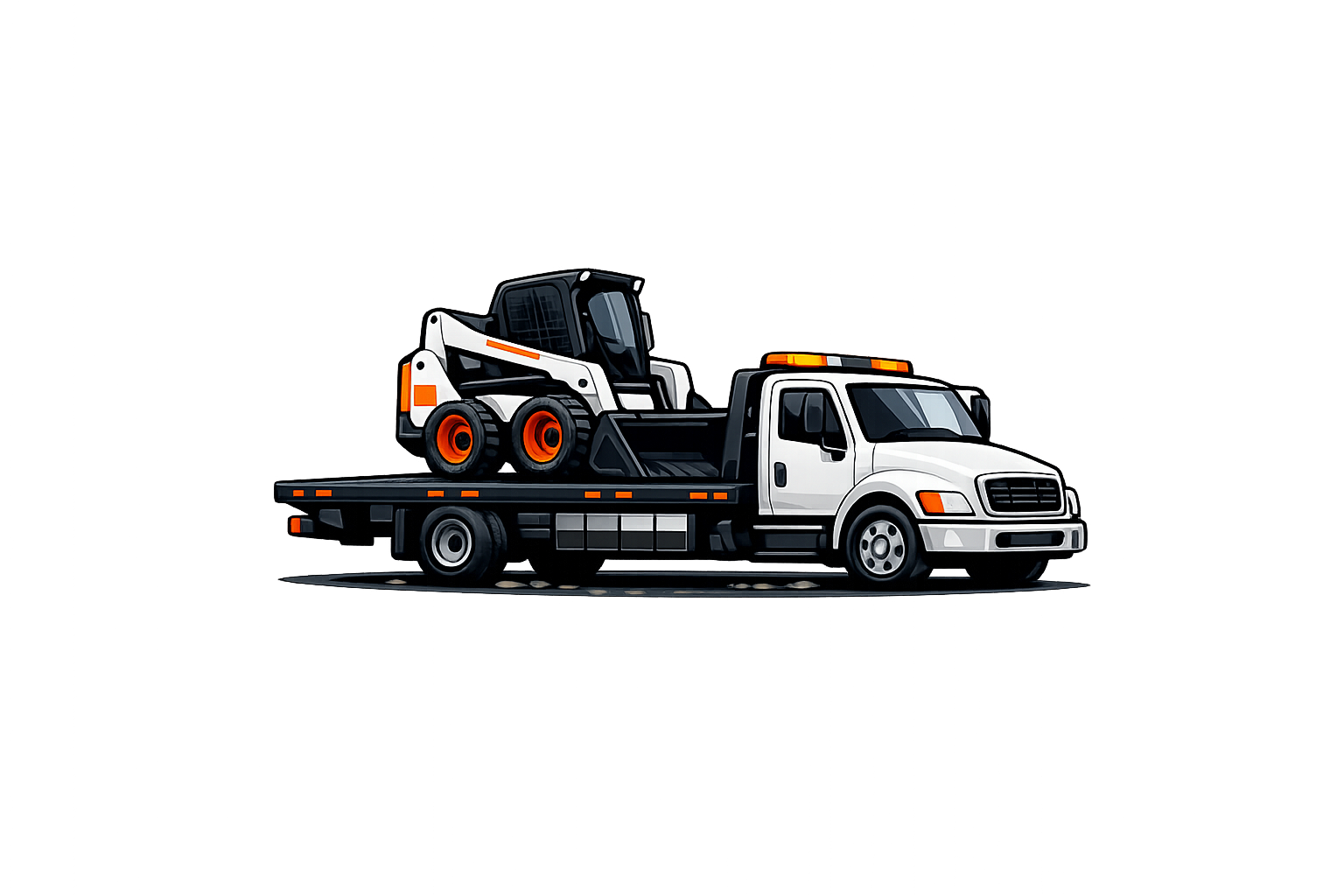 Illustration of a flatbed tow truck carrying a small bulldozer with orange wheels and black windows, on a dark gradient background.