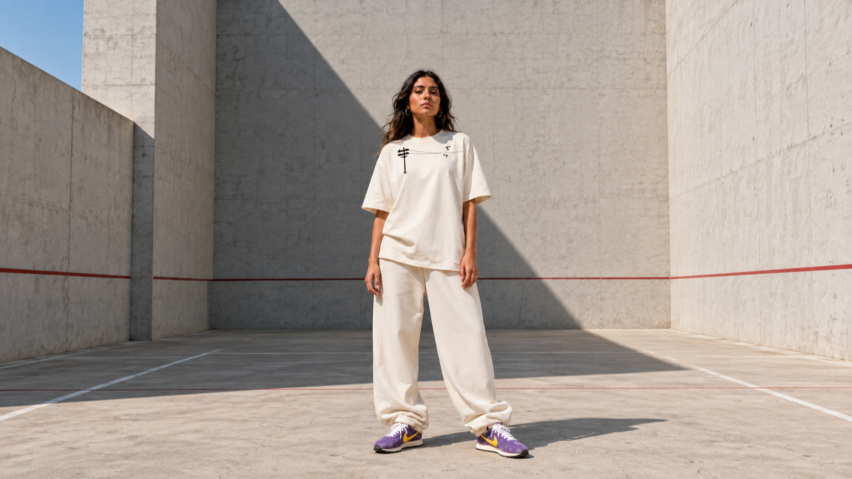 A woman standing in an outdoor basketball court area with high concrete walls, wearing a loose beige t-shirt and matching wide-leg pants, purple and yellow sneakers, with long wavy hair.