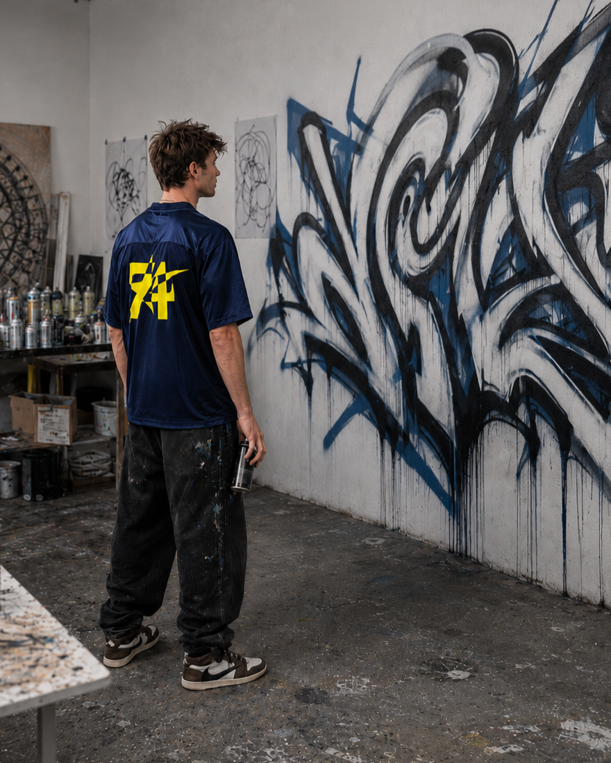 A young man in a blue shirt and black pants holding a spray paint can standing in front of a large graffiti mural on a white wall in an art studio.