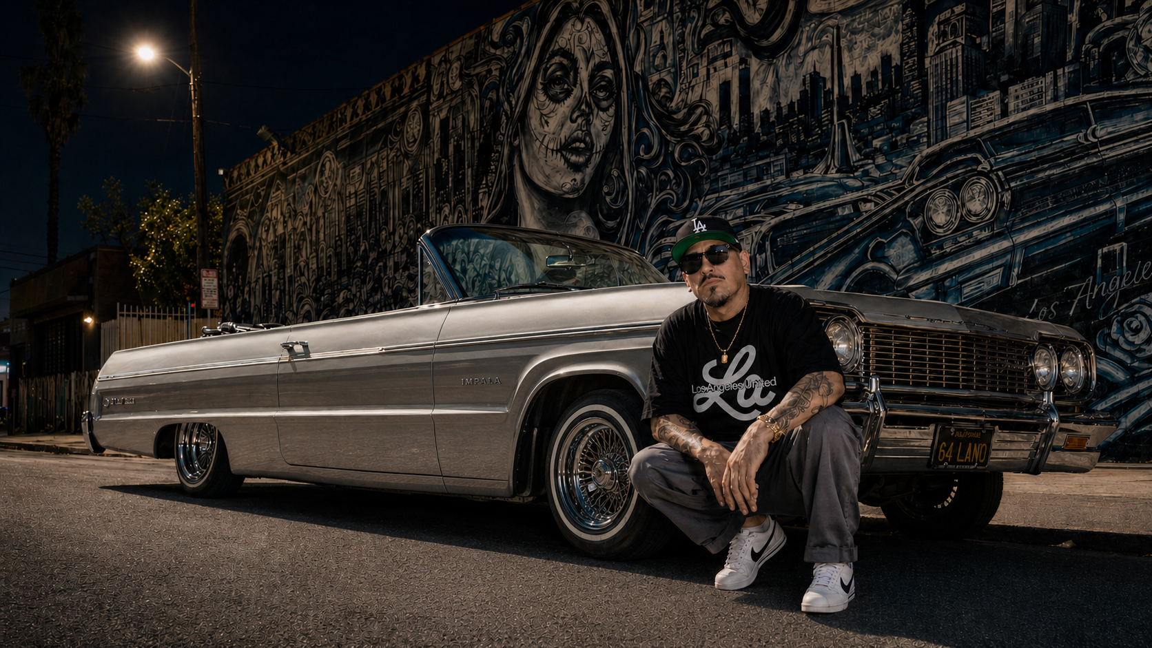 A man with tattoos wearing sunglasses, a black Los Angeles United t-shirt, gray pants, and white Nike sneakers squats in front of a vintage silver Chevrolet Impala parked on the street at night. The background features a large mural of a woman's face