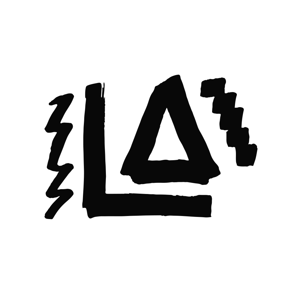 Abstract black and white doodle of a triangle with other shapes around it.