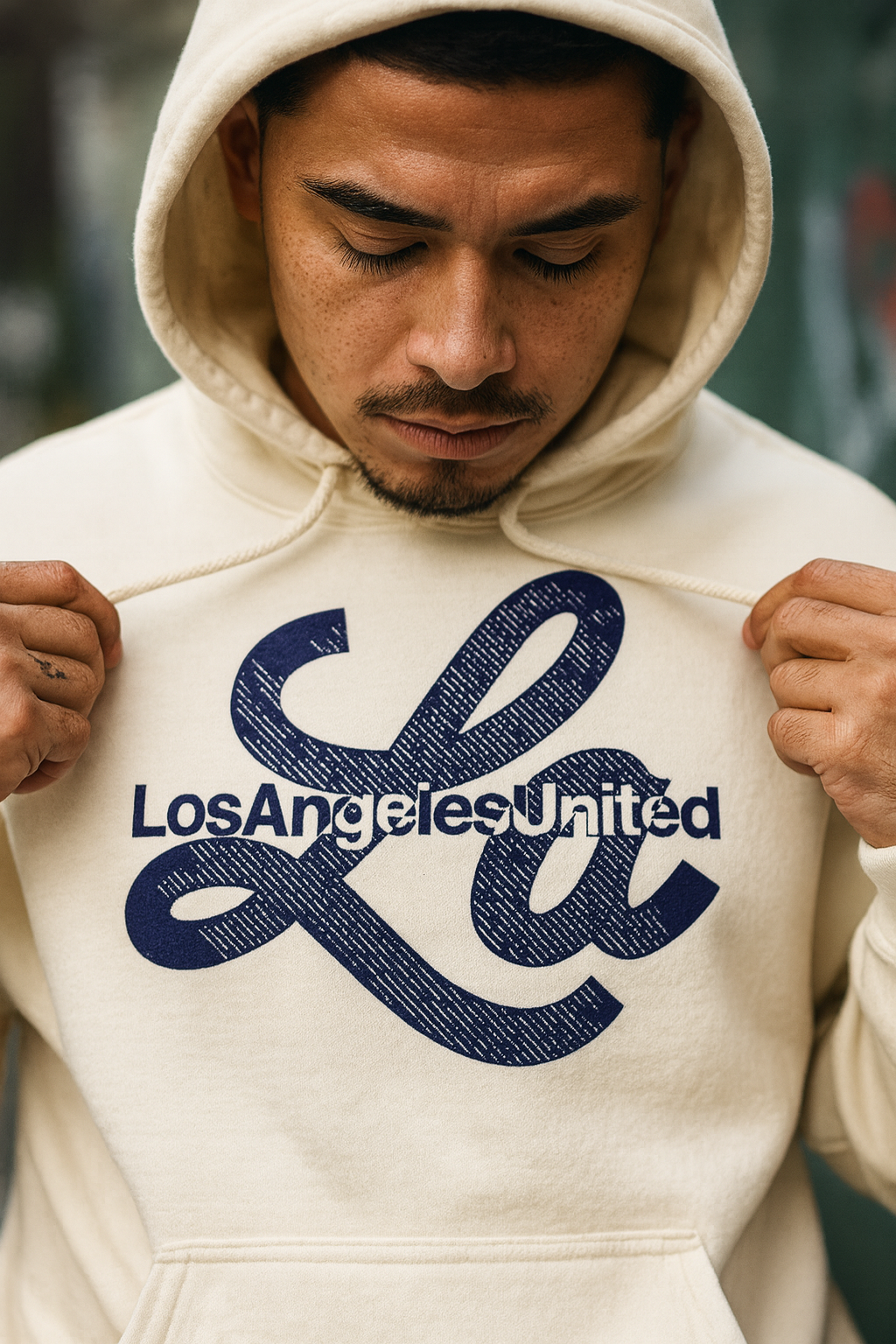 A man wearing a beige hoodie with handwritten text is looking down and holding the drawstrings of his hoodie.
