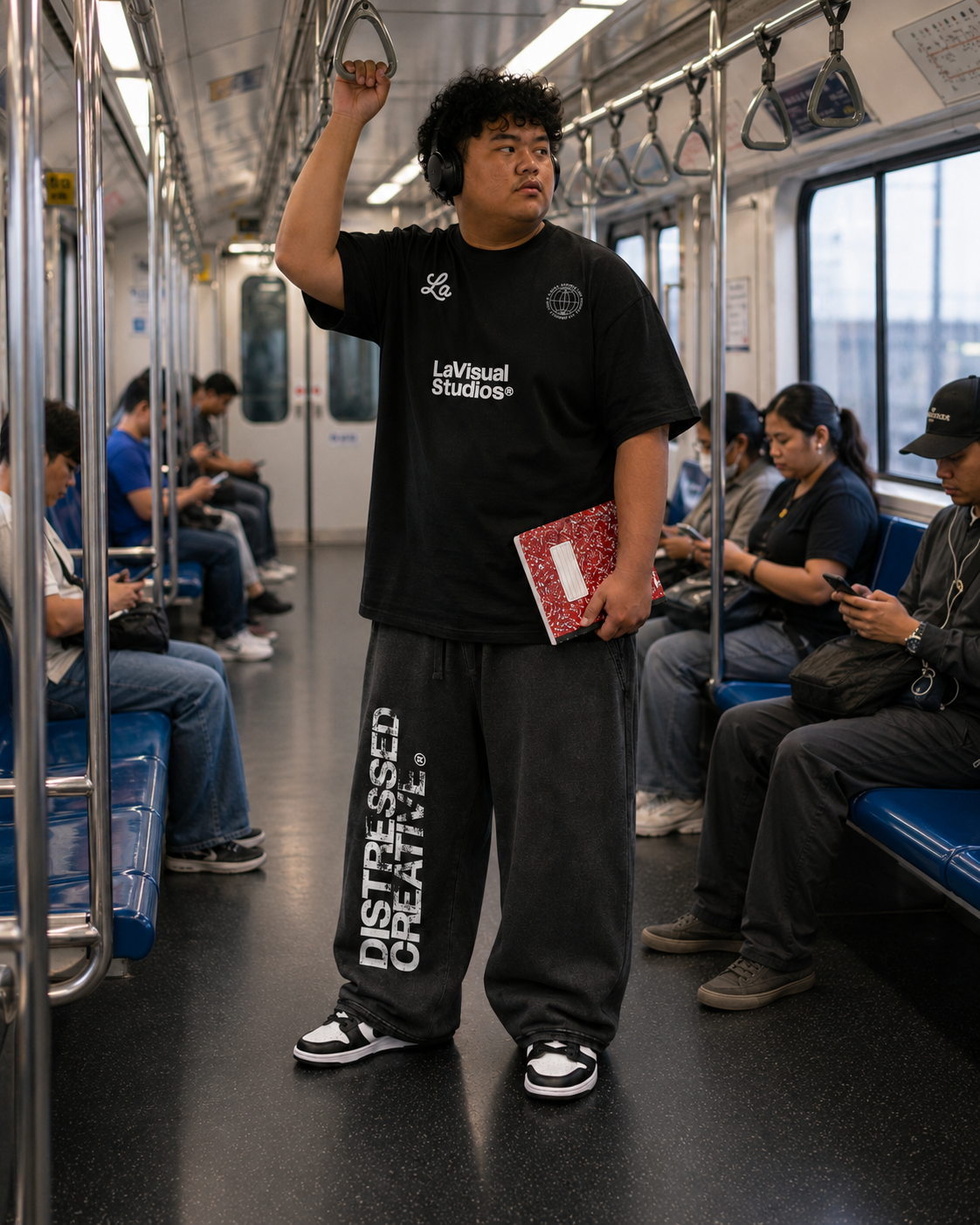 Young man standing on subway train holding a red notebook, wearing black headphones, black T-shirt, baggy black sweatpants with 'DISTRESSED OPERATION' printed on them, and sneakers, surrounded by seated passengers using smartphones.