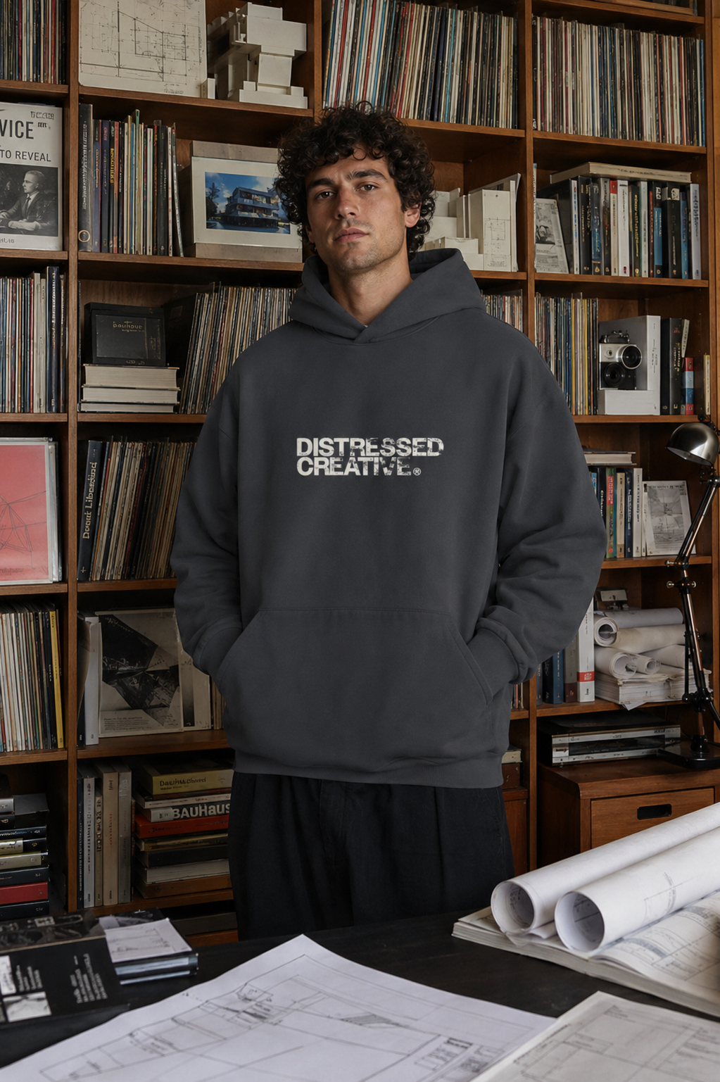 A young man with curly hair stands in front of a bookshelf filled with books, vinyl records, and architectural models. He is wearing a dark hoodie with 'DISTRESSED CREATIVE' printed on it and has his hands in his pockets.