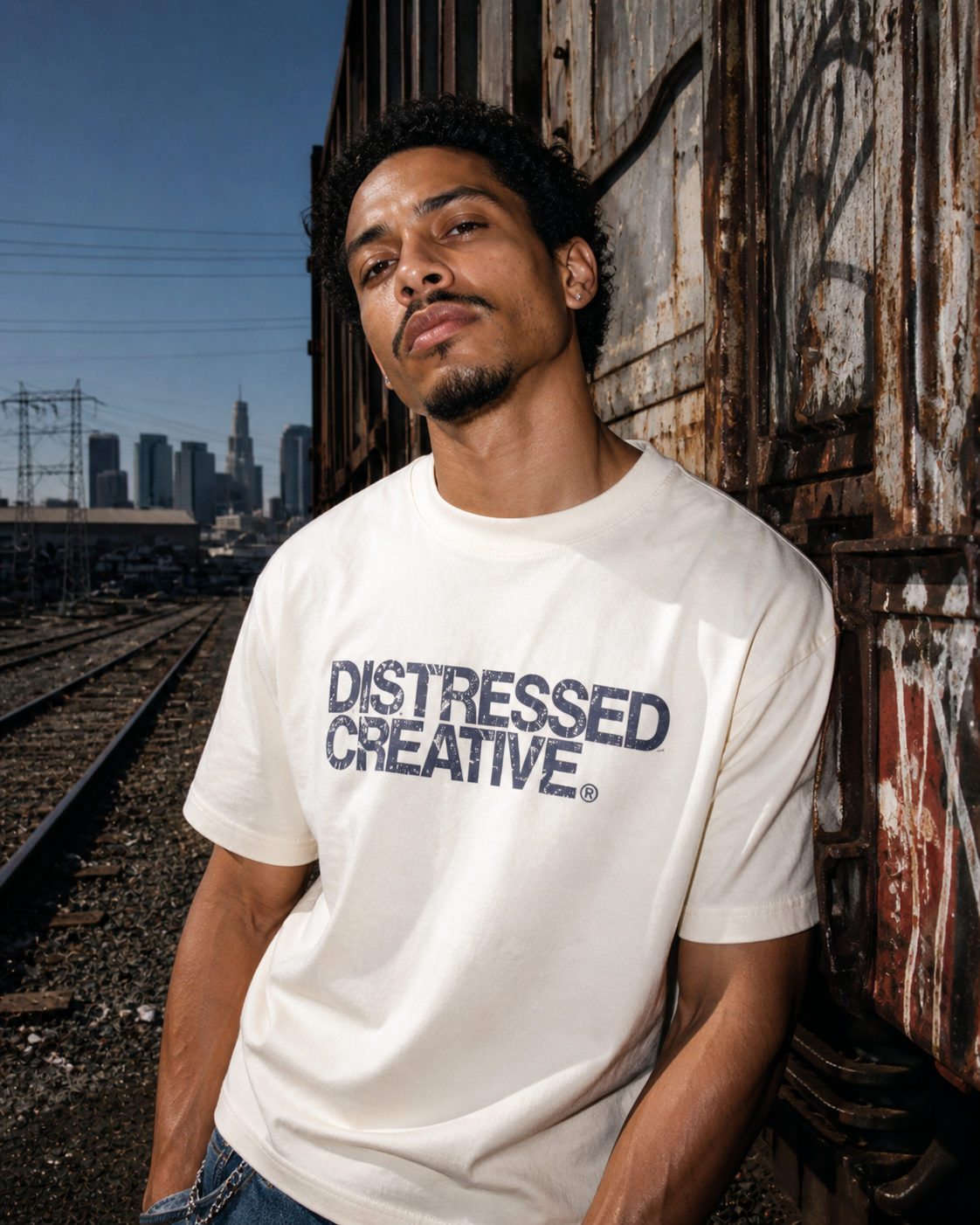 A man with curly hair and a goatee leaning against a rusty train car on train tracks with Los Angeles skyline in the background, wearing a white t-shirt with "DISTRESSED CREATIVE" printed on it.
