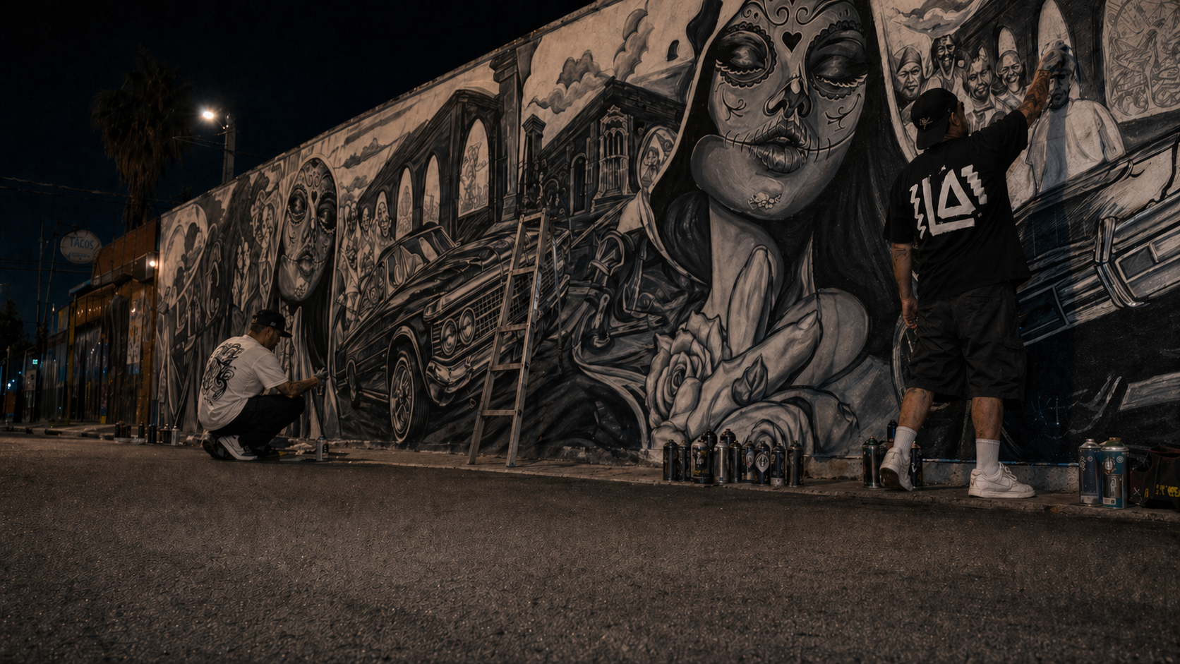 A group of people standing in a line, one wearing a Stormtrooper helmet, inside a room with a wooden wall that has the words 'Better Families, Better City' printed on it. There is a camera setup on a tripod and a person facing a young man in a striped shirt.