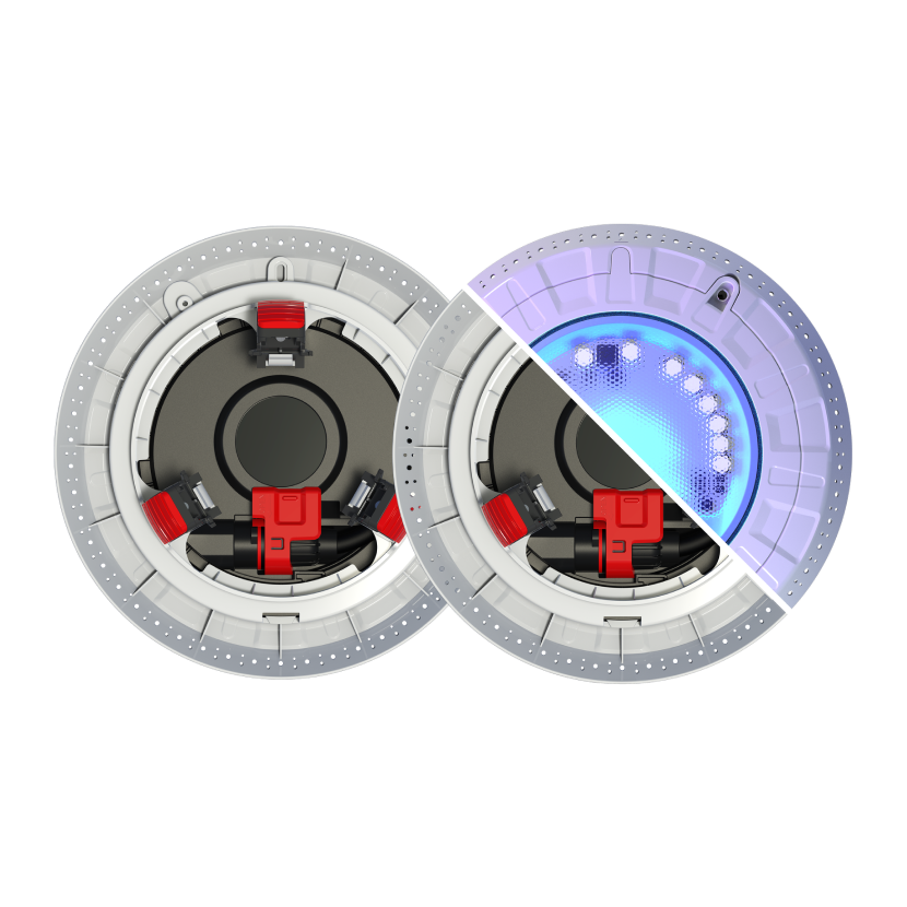 An image of the Spa Electrics Retro Fit R8 replacement pool light, showing the back and a split of the back and front of the fitting.