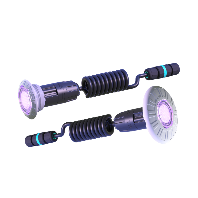 An image of the Spa Electrics Retro Fit T1 replacement pool light which shows the coiled cord.