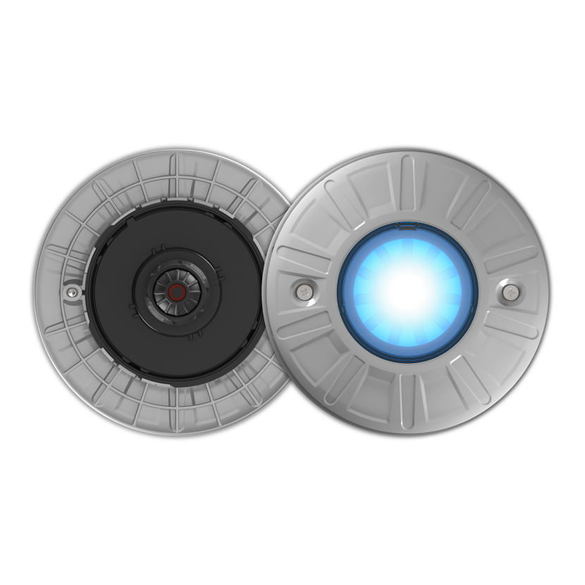 An image of the Spa Electrics Retro Fit R6B replacement pool light, showing the back and front of the fitting.