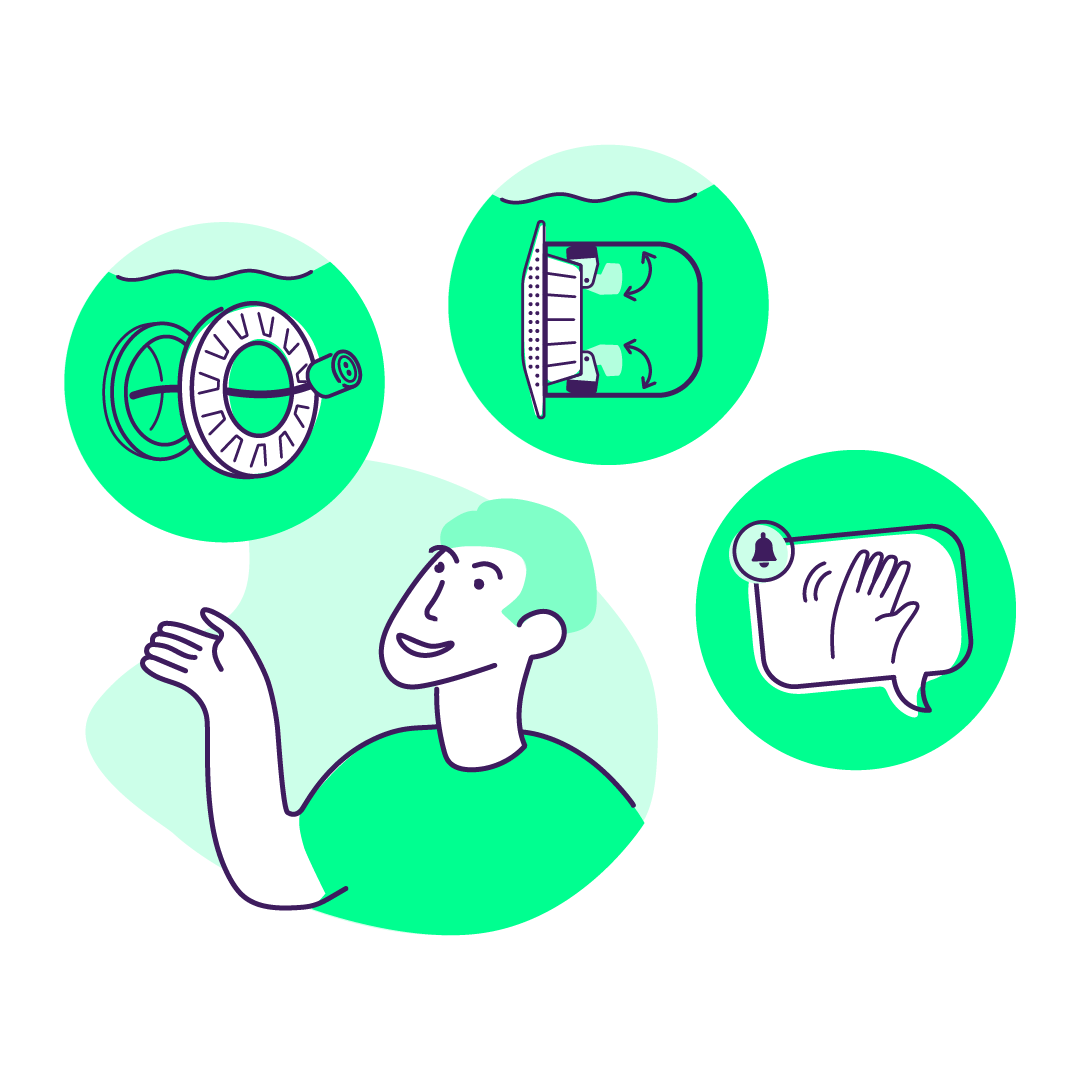 Illustration of a pool technician surrounded by three icons representing no draining of pools to replace a pool light, how the Cam-lock system folds into a pool light niche and a hand waving with a bell that symbolizes the job is done with time saved