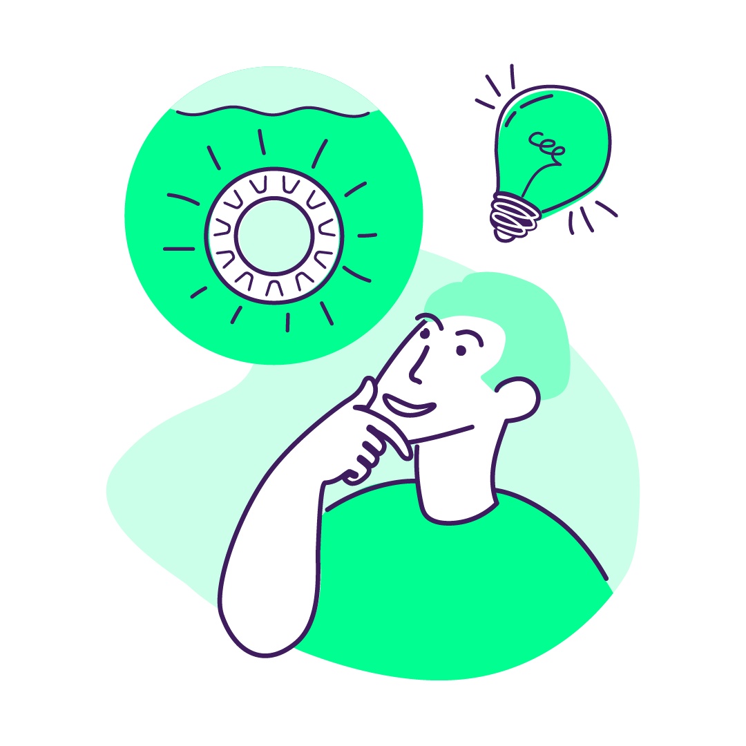 An line drawing of a pool technician with a thought bubble containing a lightbulb and a Retro Fit pool light, symbolizing the replacement pool light will solve the technicians' problems.