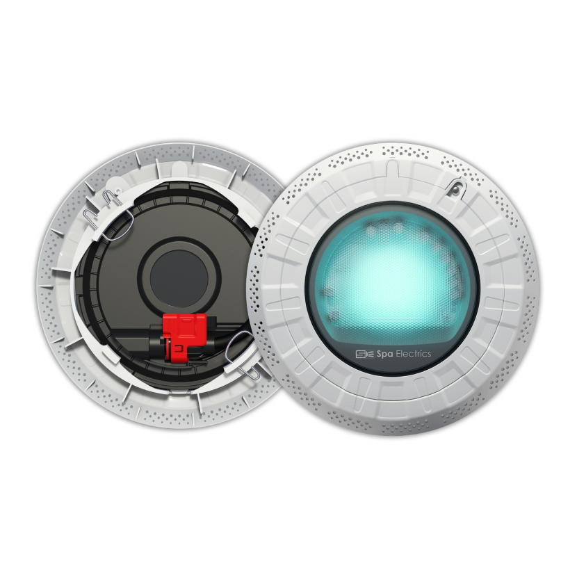 An image of the Spa Electrics Retro Fit R10H series replacement pool light, showing the back and front of the fitting.