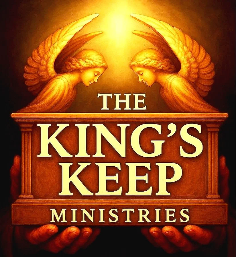 An illustration of the Ark of the Covenant, it's angels on top with golden glowing light above them and held up by the hands of Jesus. the Ark of the Covenant displays the text "The King’s Keep Ministries".