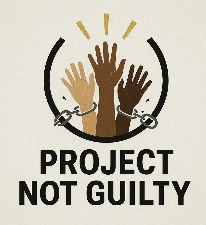 Illustration of three raised hands in different skin tones, with chains around the wrists, above the text 'Project Not Guilty'.