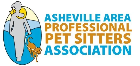 Logo of Asheville Area Professional Pet Sitters Association featuring a person walking a dog next to the organization name in bold text.
