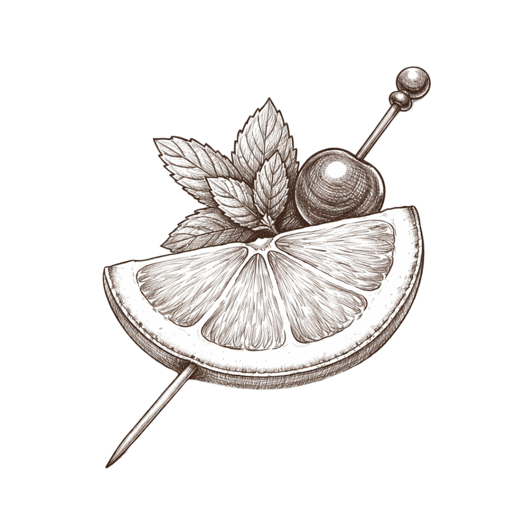 A black and white sketch of a lemon wedge with mint leaves and a cherry on a cocktail pick.