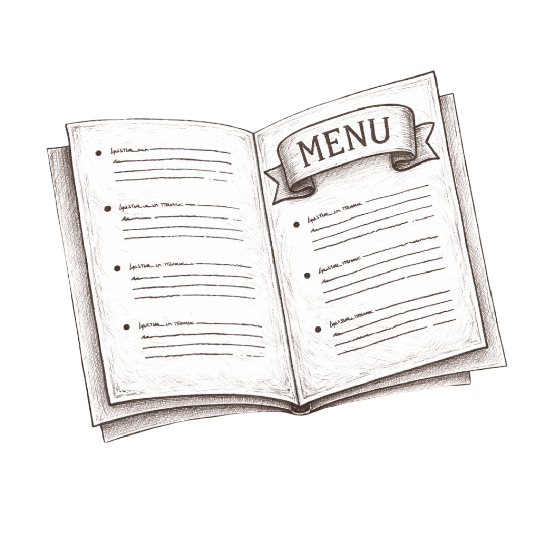 Sketch of an open menu with a banner at the top labeled 'MENU' and blank, lined pages for listing food items.