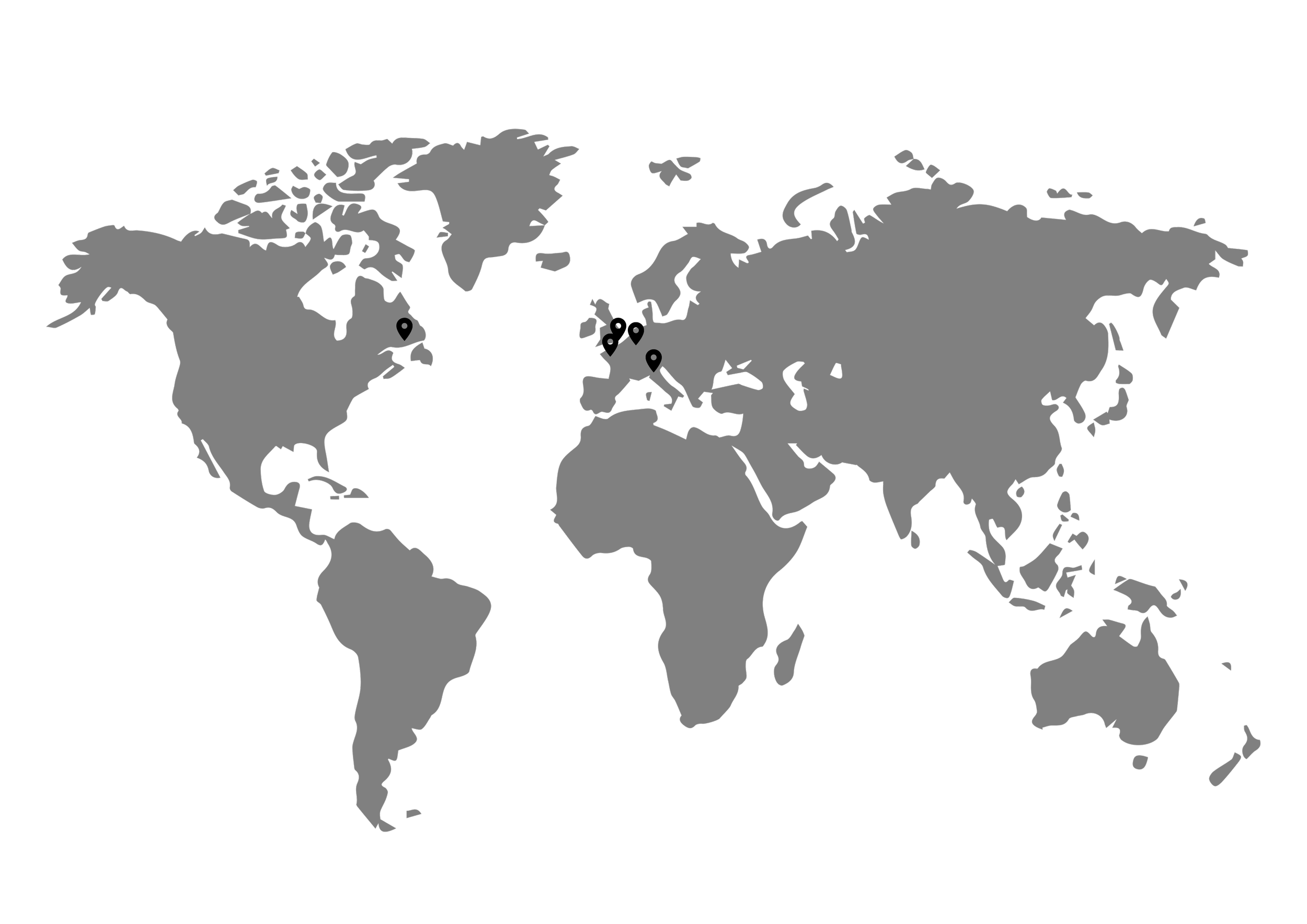 A world map with continents in gray on a black background.