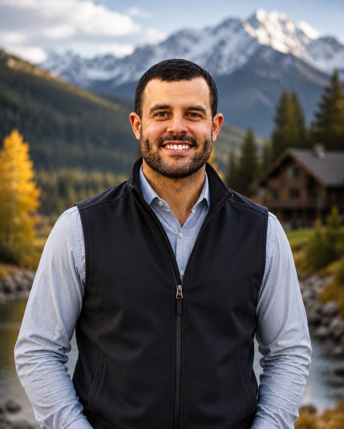 A man wearing a cowboy hat, white shirt, gray vest, and red tie, standing outdoors in a rural landscape with a cloudy sky.