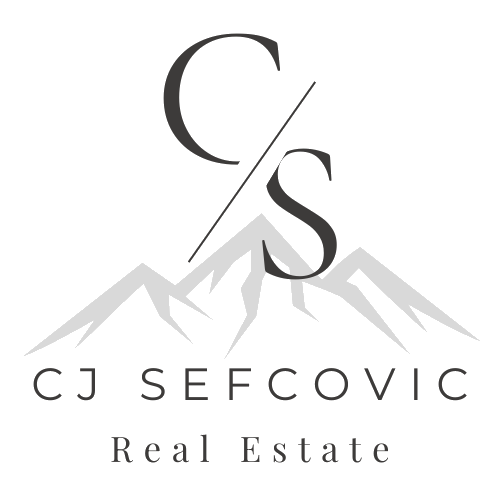 Logo for CJ Sefcovic Real Estate featuring mountain peaks and initials CS.