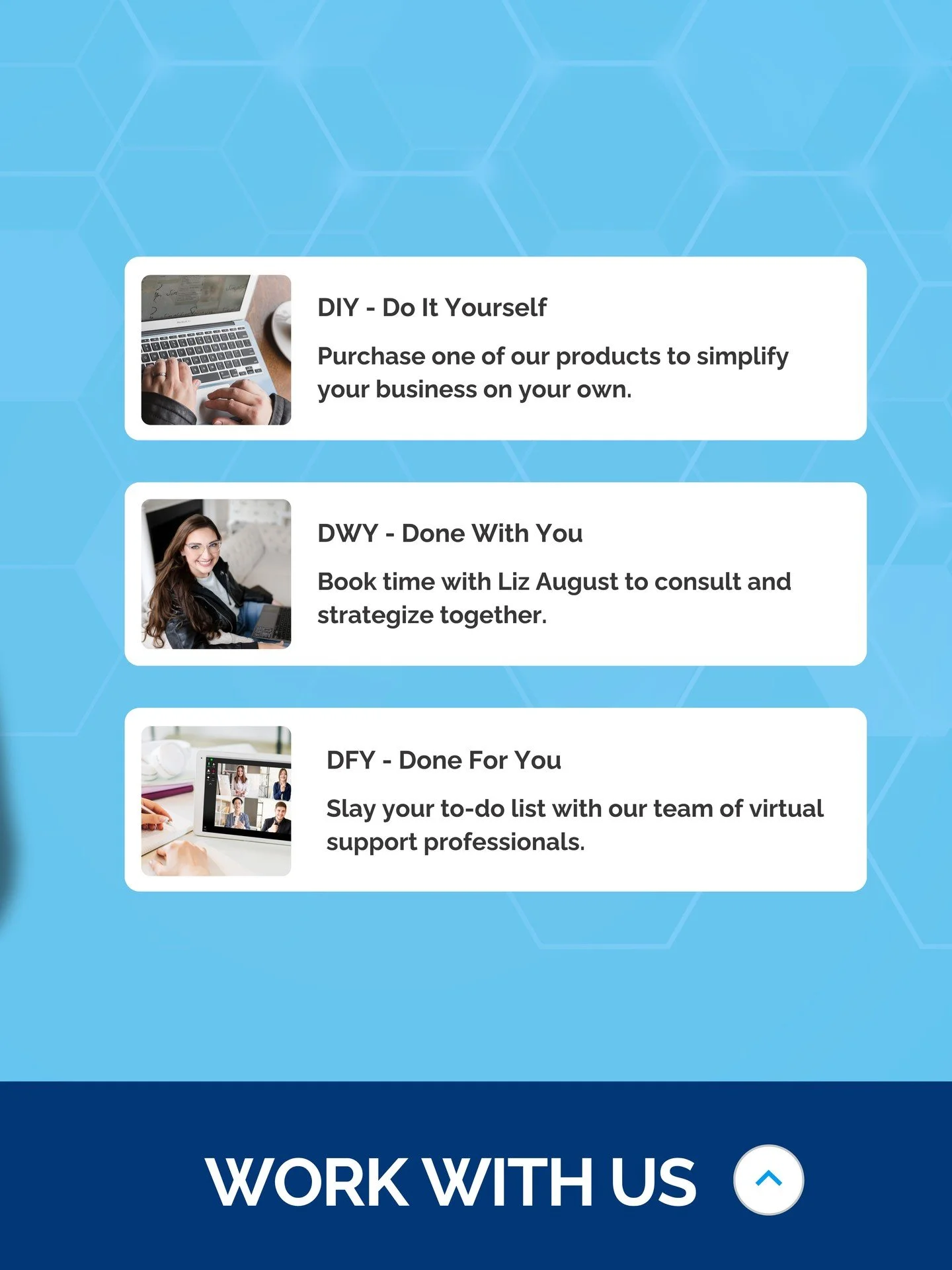 Here's how we work with people, depending on where you are and what you need.

DIY: If you'd rather figure it out yourself, we have products that walk you through the exact systems and tech setups we use with clients. Do it at your own pace.

Done Wi