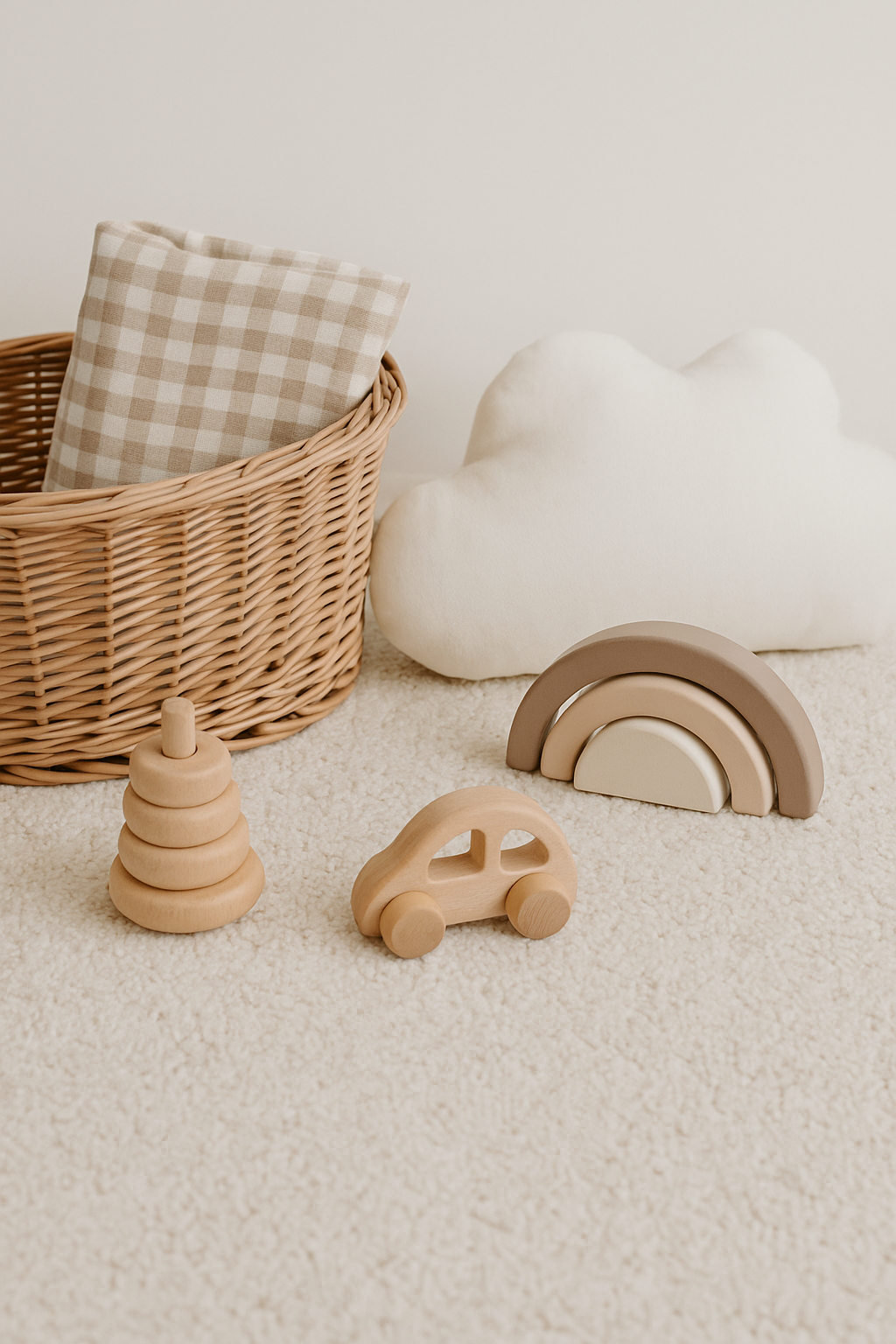 Neutral-colored baby toys including a wooden stacking ring, a wooden car, a rainbow-shaped toy, a cloud-shaped cushion, and a checkered pillow in a wicker basket against a plain wall.