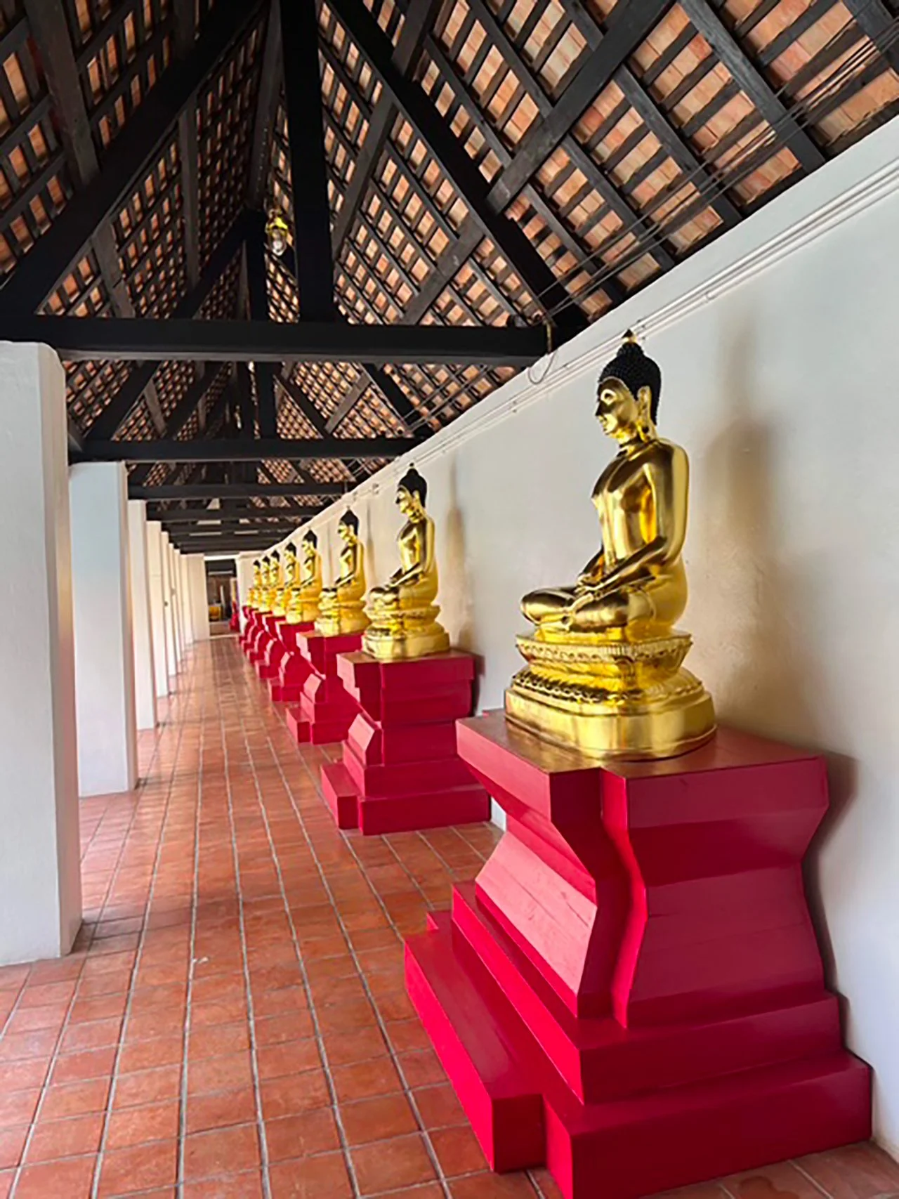Line of golden Buddha statues seated in meditation pose on red pedestals inside a temple with a tiled floor and a high vaulted wooden ceiling.