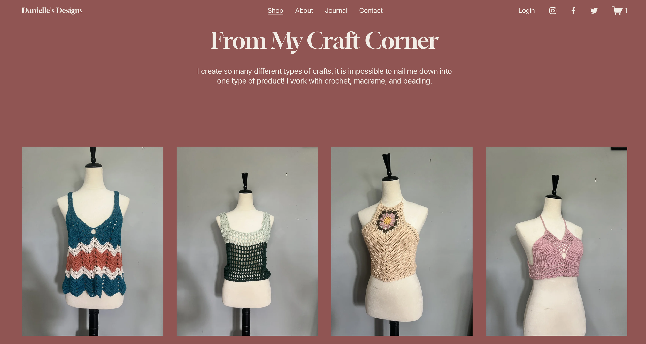 Web page displaying the name Danielle's Designs with navigation links and social media icons at the top. The main heading says 'From My Craft Corner' followed by a paragraph about creating various crafts with crochet, macrame, and beading. Below are images of mannequin torsos wearing different crocheted tops, displaying handmade craft items.