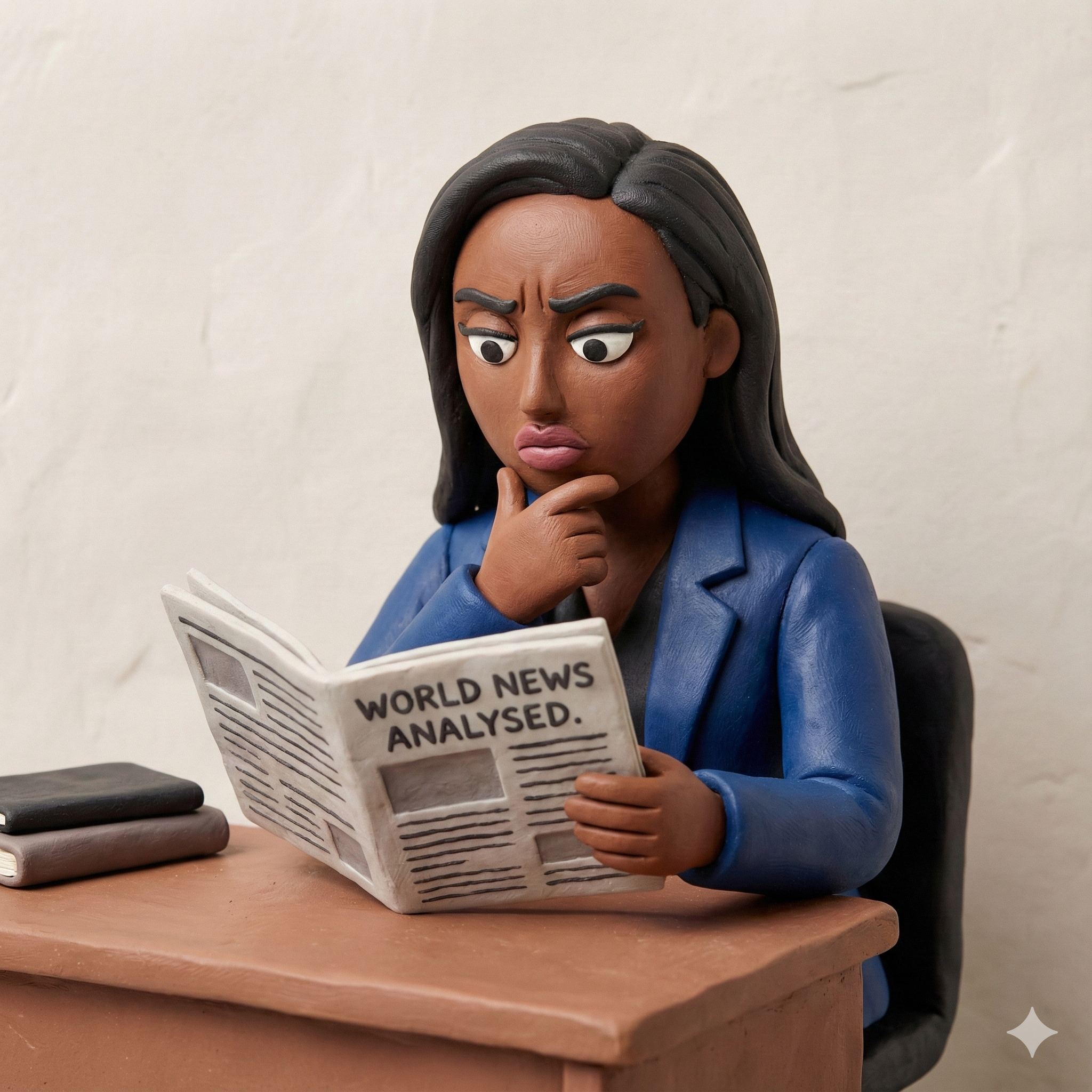 Clay sculpture of a woman in a blue blazer reading a newspaper titled 'World News Analysed' with a thoughtful expression.