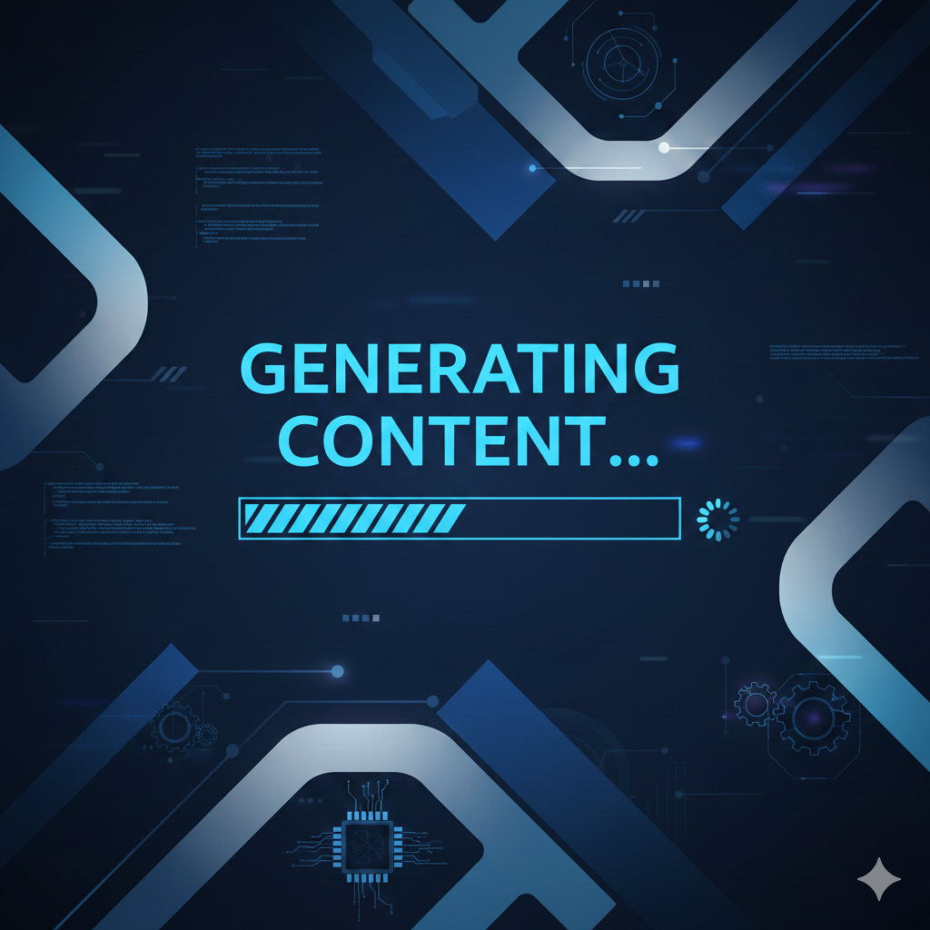 A digital screen displaying the message 'Generating Content...' with a progress bar and various tech graphics in a blue theme.