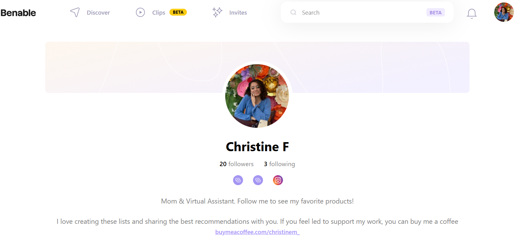 Christine F's Benable Profile. Shows lists and recommendations for everyday items.