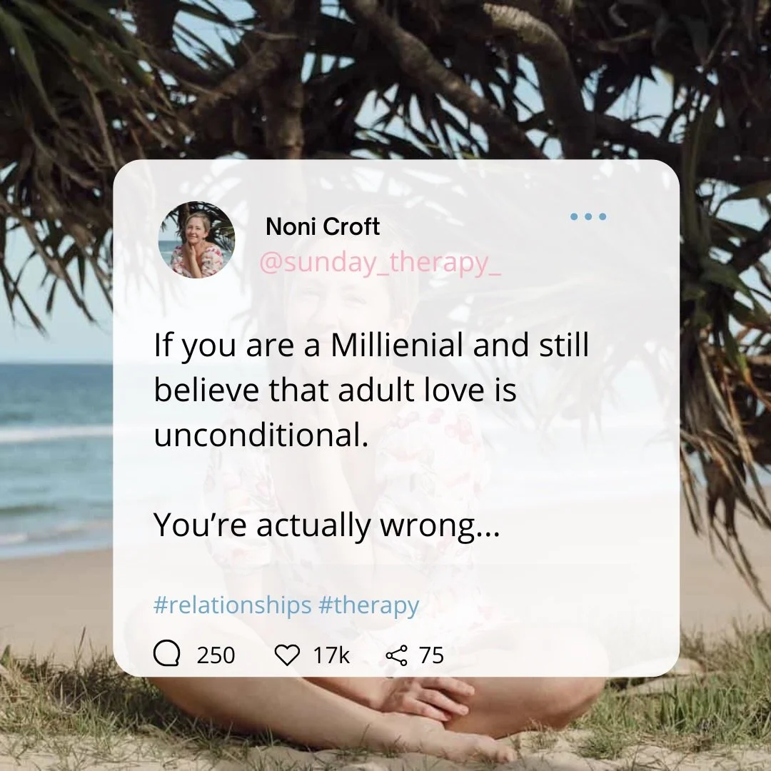 Spoiler alert: Adult love isn&rsquo;t unconditional.

If it&rsquo;s not mutual, it&rsquo;s trauma looking for a safe place to be reparented.

Mummy issues? Daddy issues? All the issues? 

It&rsquo;s Therapy&rsquo;o&rsquo;clock.

#millennialmarriage #