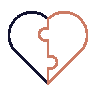 A heart-shaped puzzle with two pieces fitting together, one dark blue and one light brown.