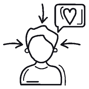 Line drawing of a person with arrows pointing to their head, with a speech bubble containing a heart symbol.