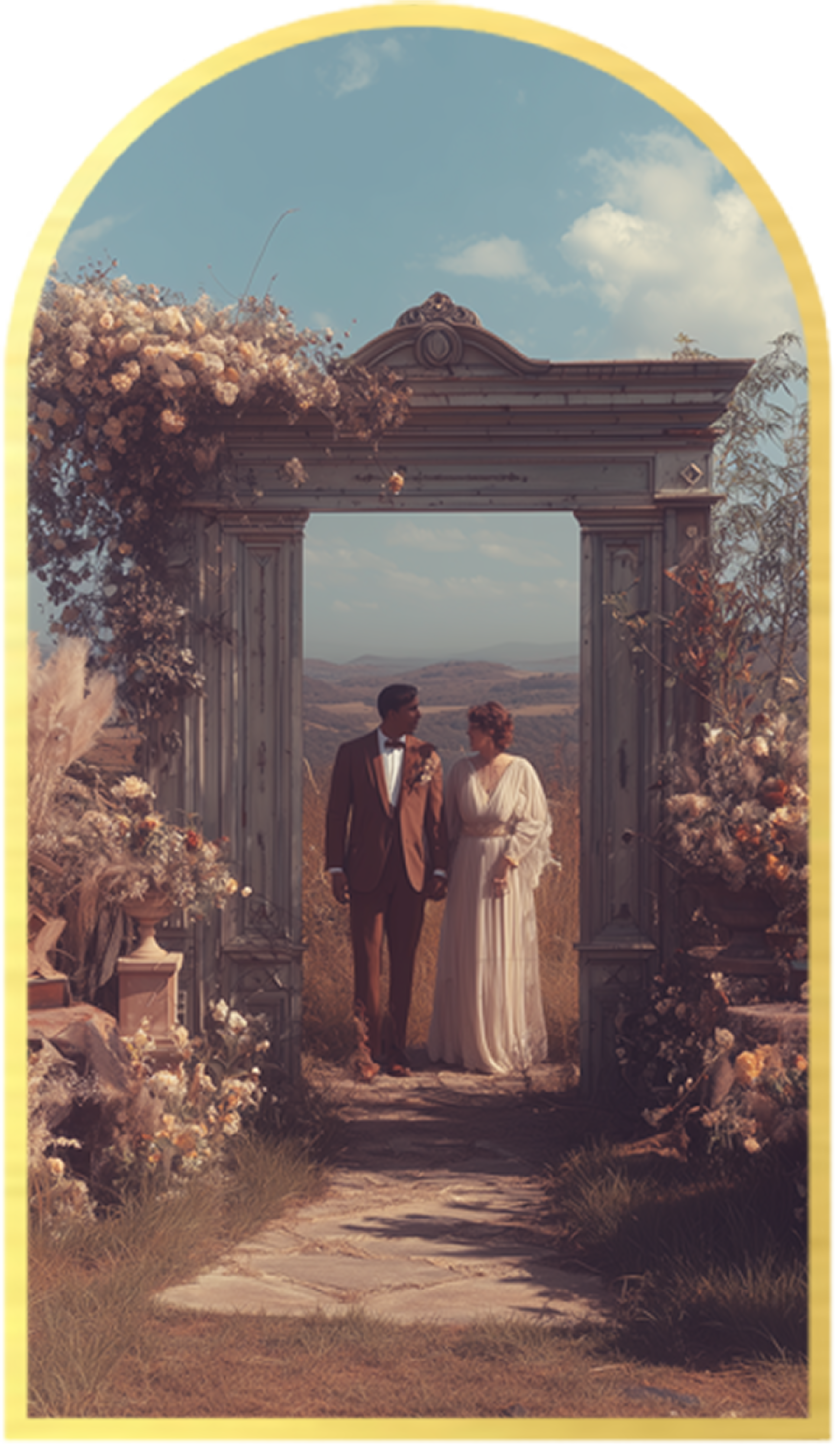 A vintage-style outdoor wedding scene showing a couple holding hands under an ornate wooden archway decorated with flowers. The groom is dressed in a brown suit with a bow tie, and the bride is in a flowing white gown with lace details. The background features rolling hills and a partly cloudy sky.