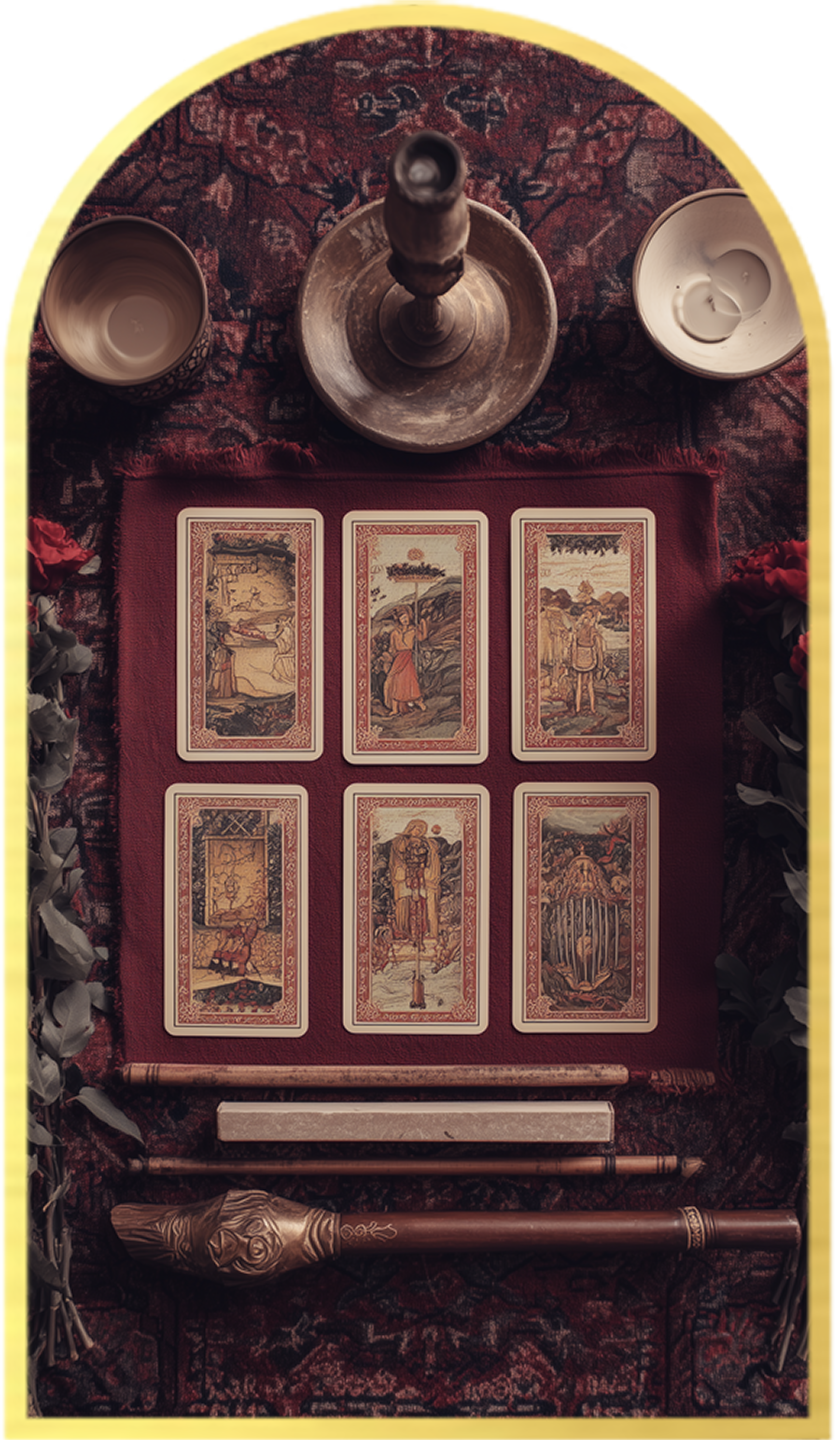 Tarot cards laid out on a red cloth, surrounded by candles, a candlestick, a wand, and flowers, with a patterned background.