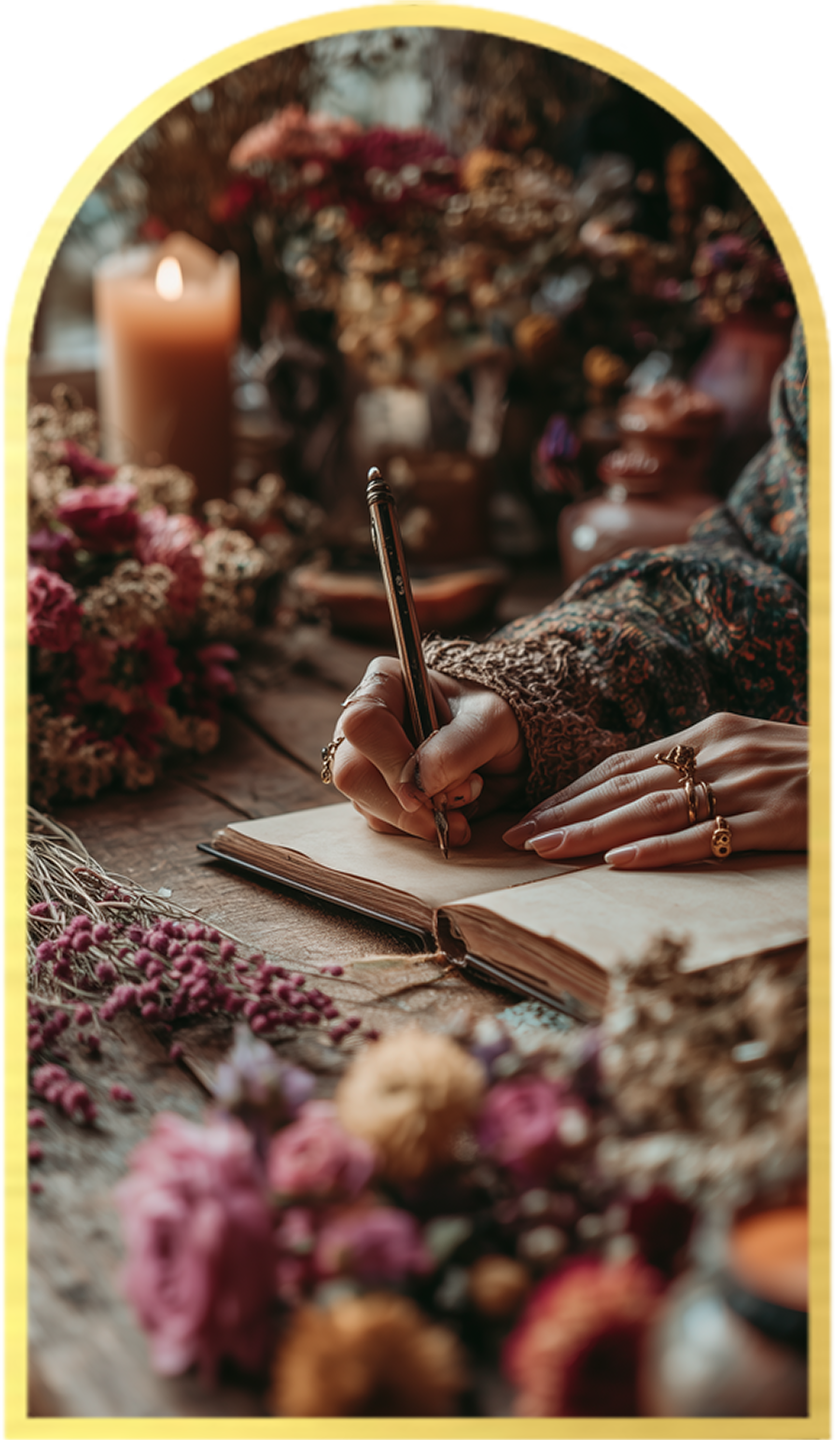 Close-up of a person's hands writing in an open notebook on a wooden table surrounded by flowers and candles.