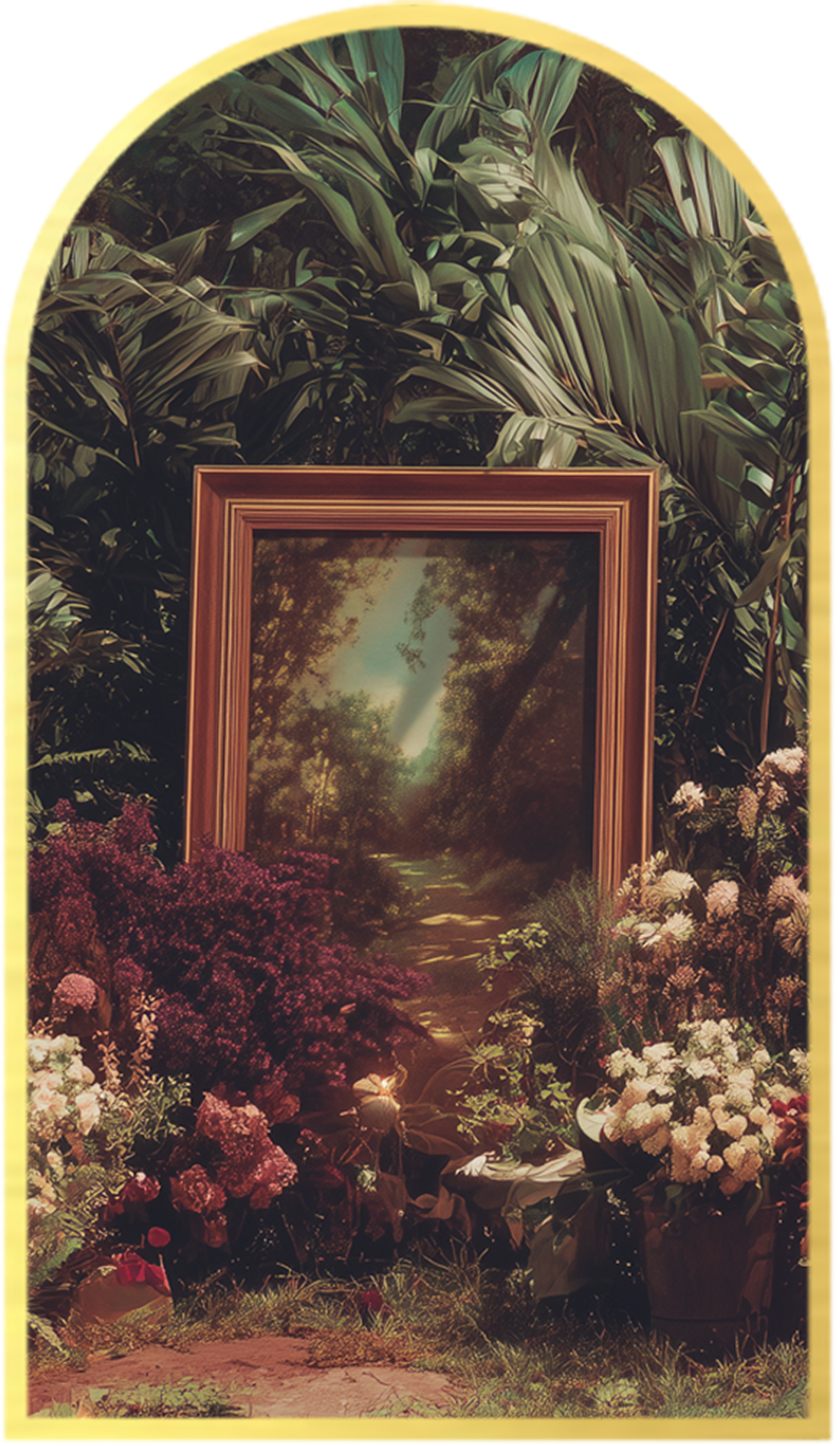 A framed landscape painting of a forest scene with a path and sunlight shining through trees, surrounded by flowering plants and foliage, inside a yellow archway.