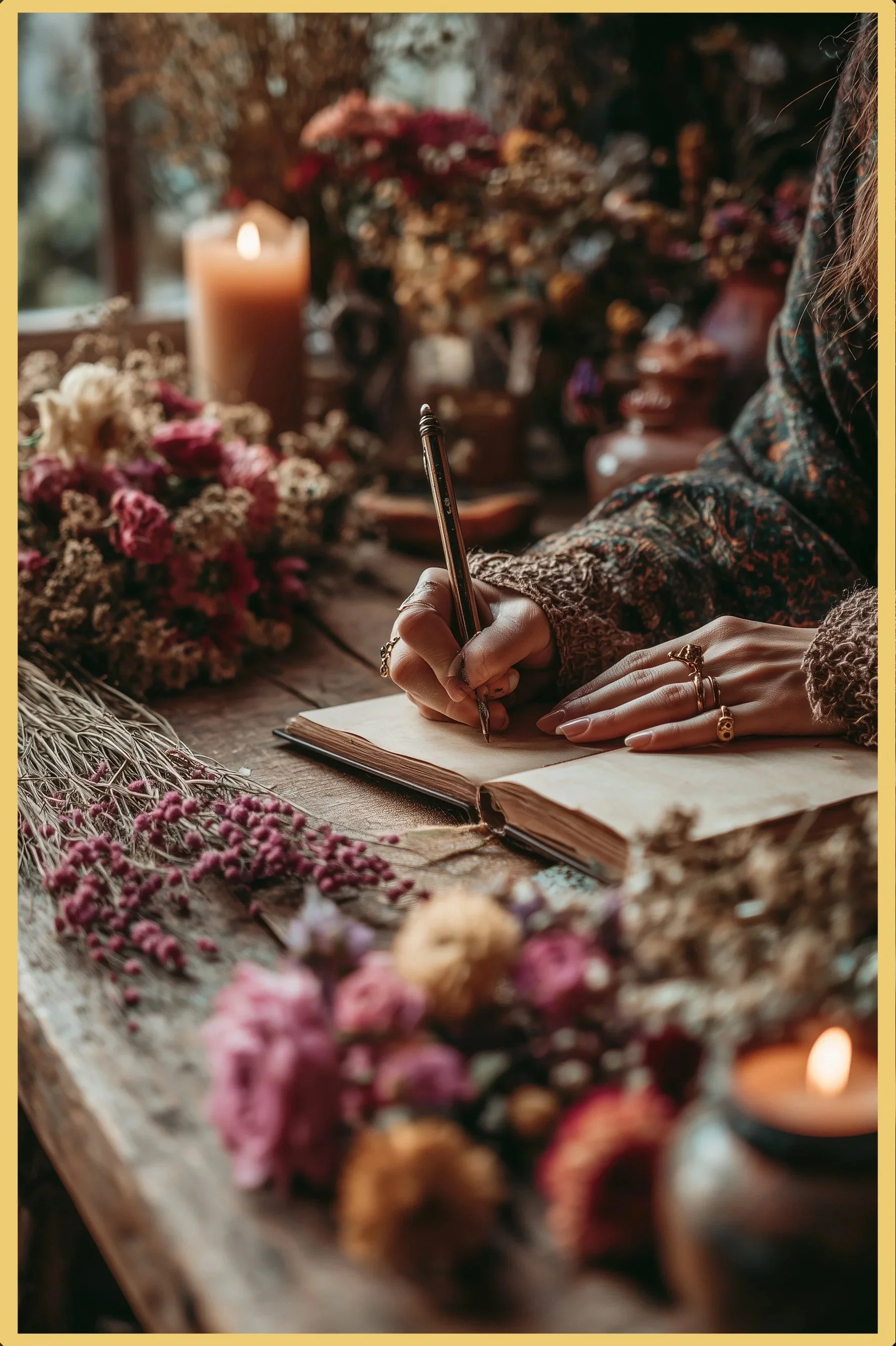 Person writing in a journal surrounded by dried flowers, candles, and vases on a rustic wooden table in a cozy, dimly lit room.