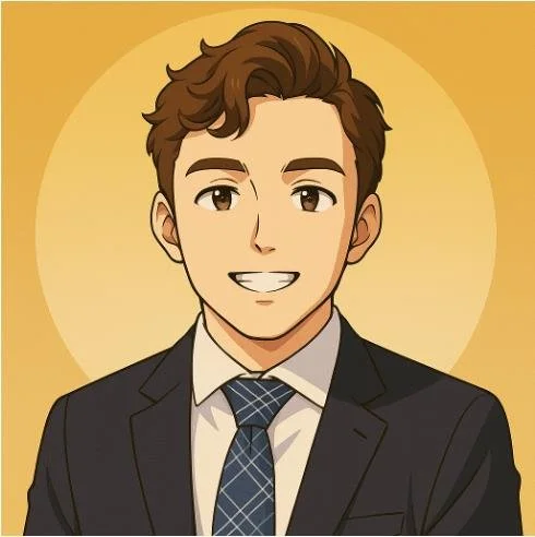 Cartoon illustration of a young man with brown hair, wearing a suit and tie, smiling against a yellow background.