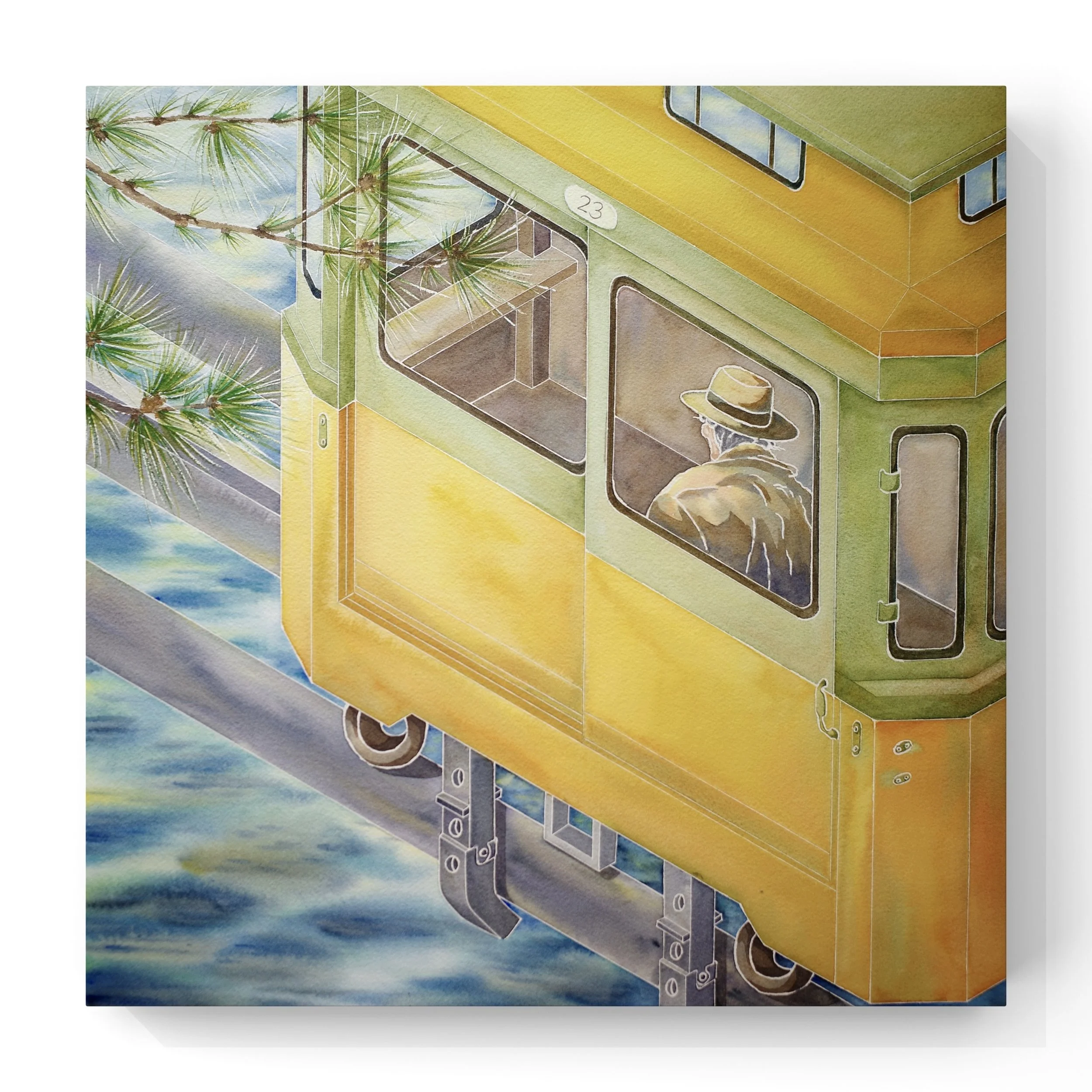 Watercolor painting of a multi-level house with off-white walls, yellow roof, and large windows, surrounded by blue sky and green trees.
