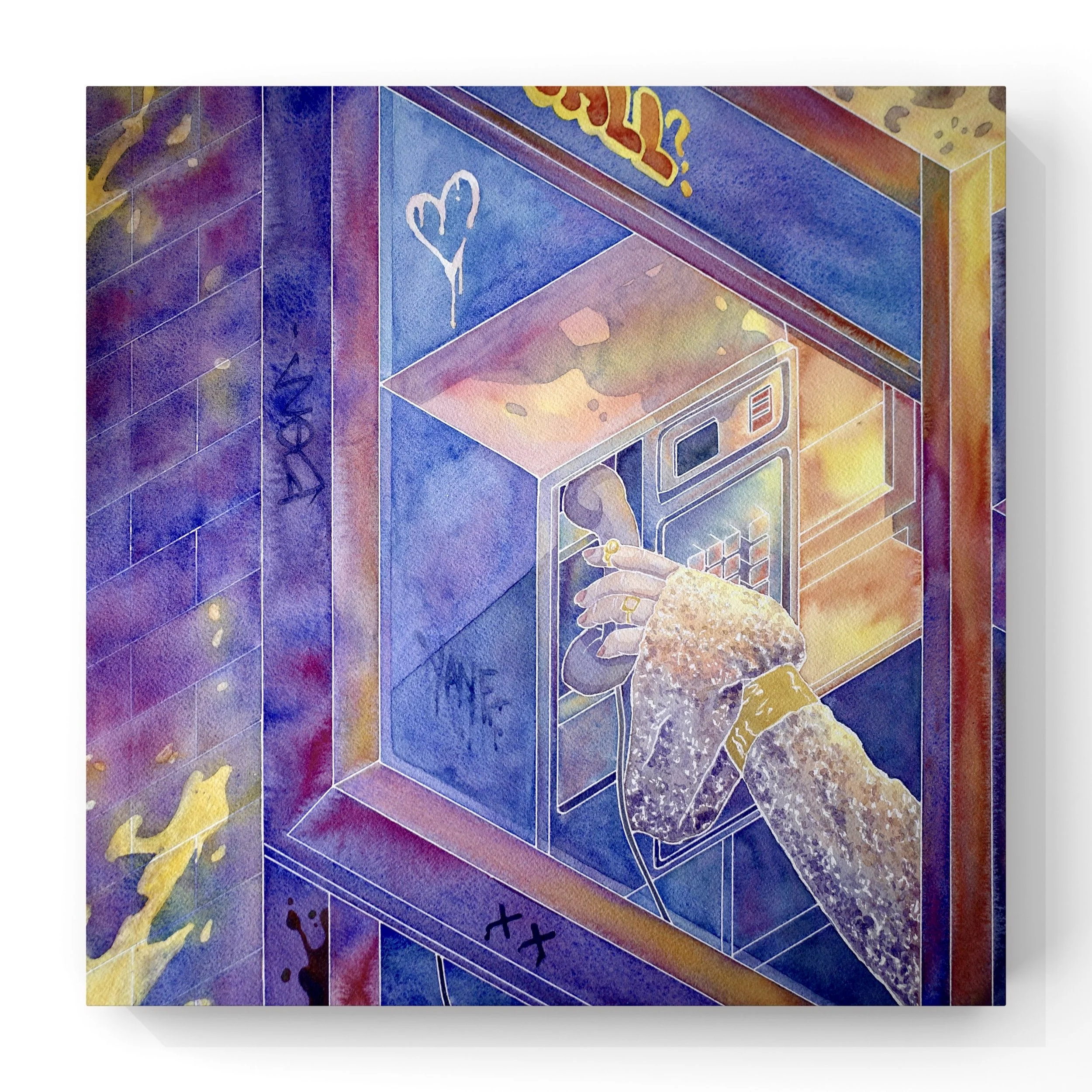 A colorful piece of artwork featuring a diagonally positioned computer monitor with some text on its screen, surrounded by vibrant watercolor-style splashes of yellow, purple, red, and blue, along with abstract shapes and scribbles.