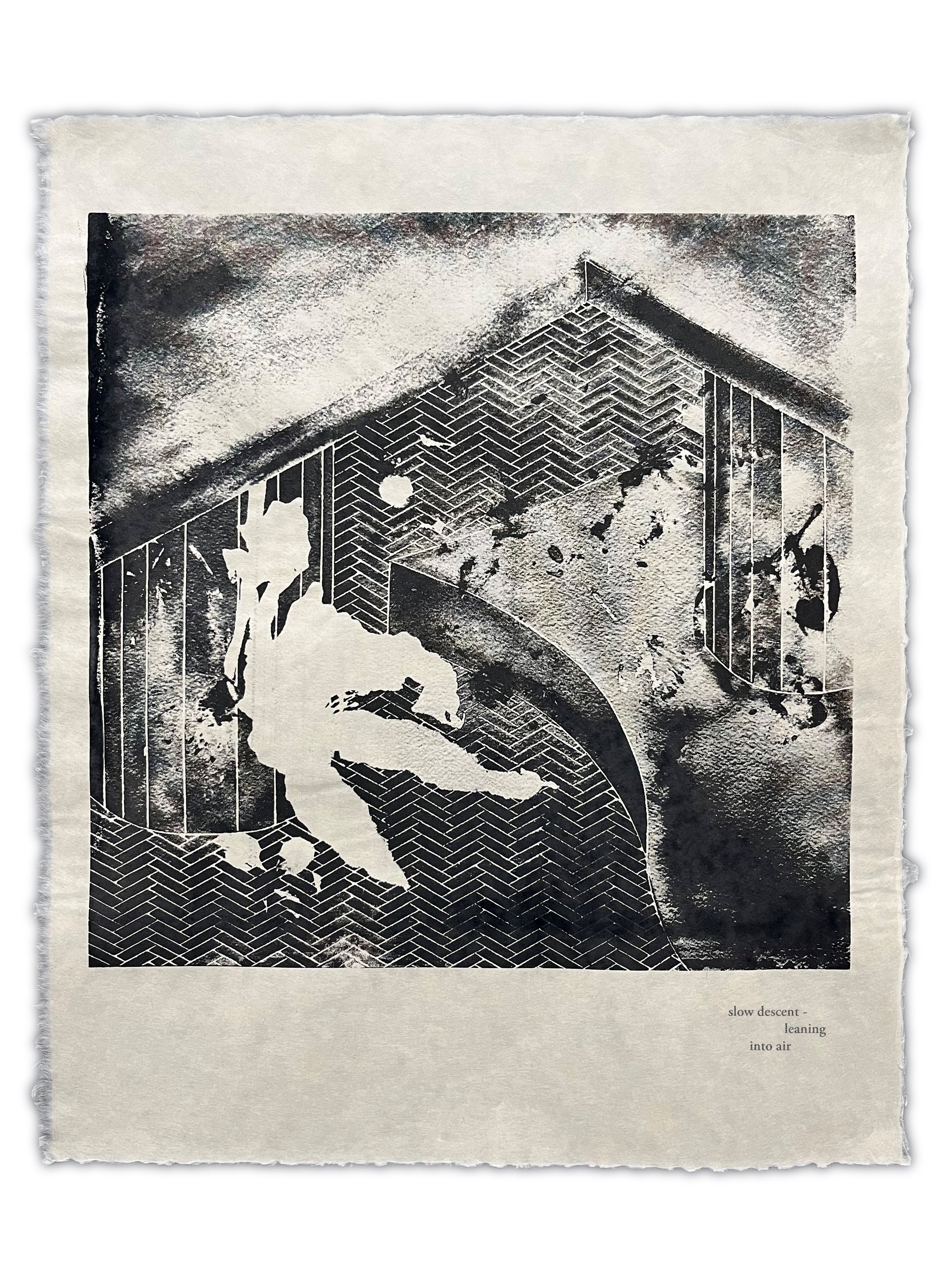 Black and white print of a person leaning against a brick wall with the words 'slow descent - leaning into air' at the bottom.