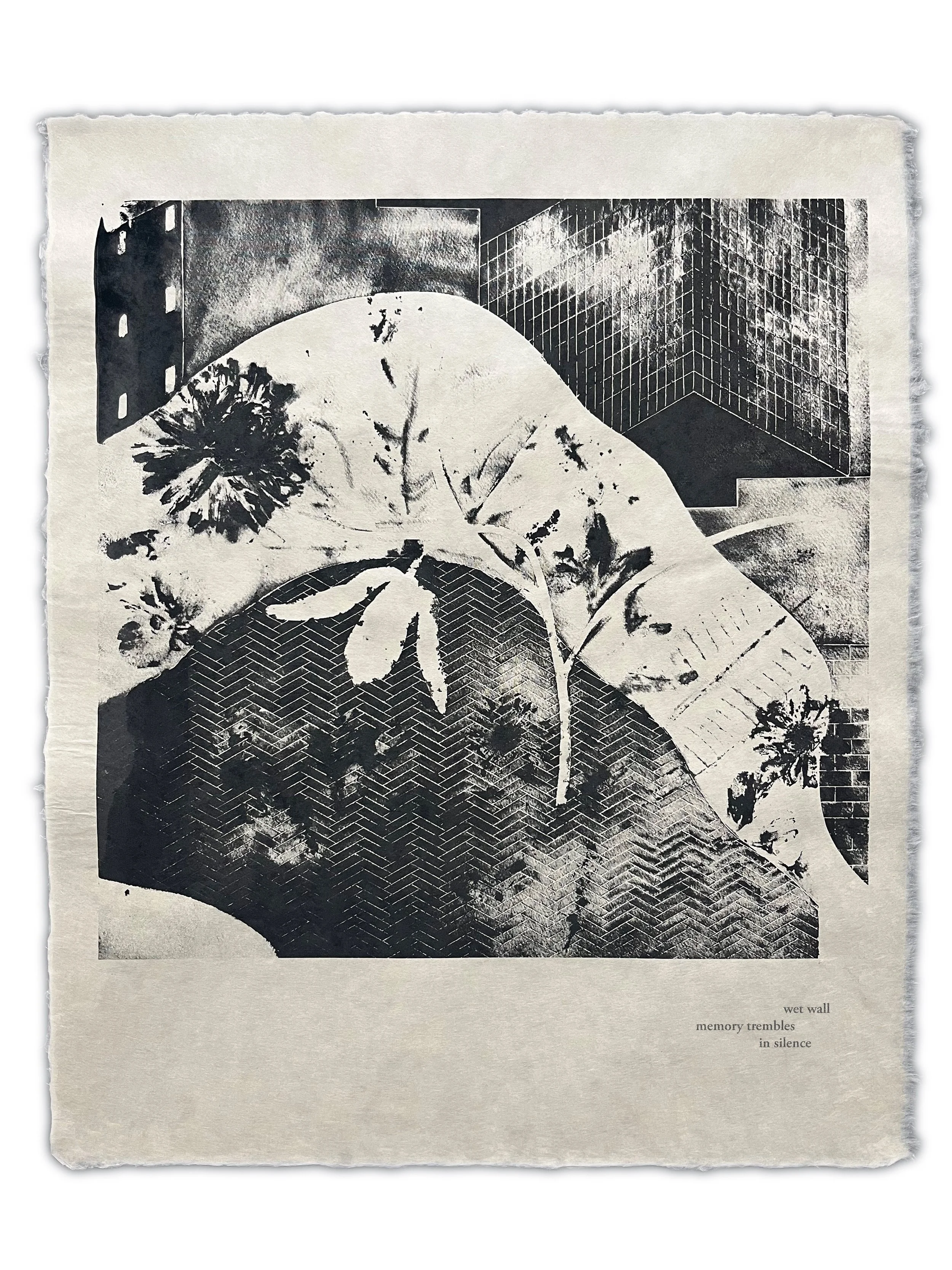 A black and white print with a depiction of a semi-nude woman lying on her side among flowers and leaves, with skyscrapers in the background, accompanied by the text 'wet wall memory trembles in silence'.