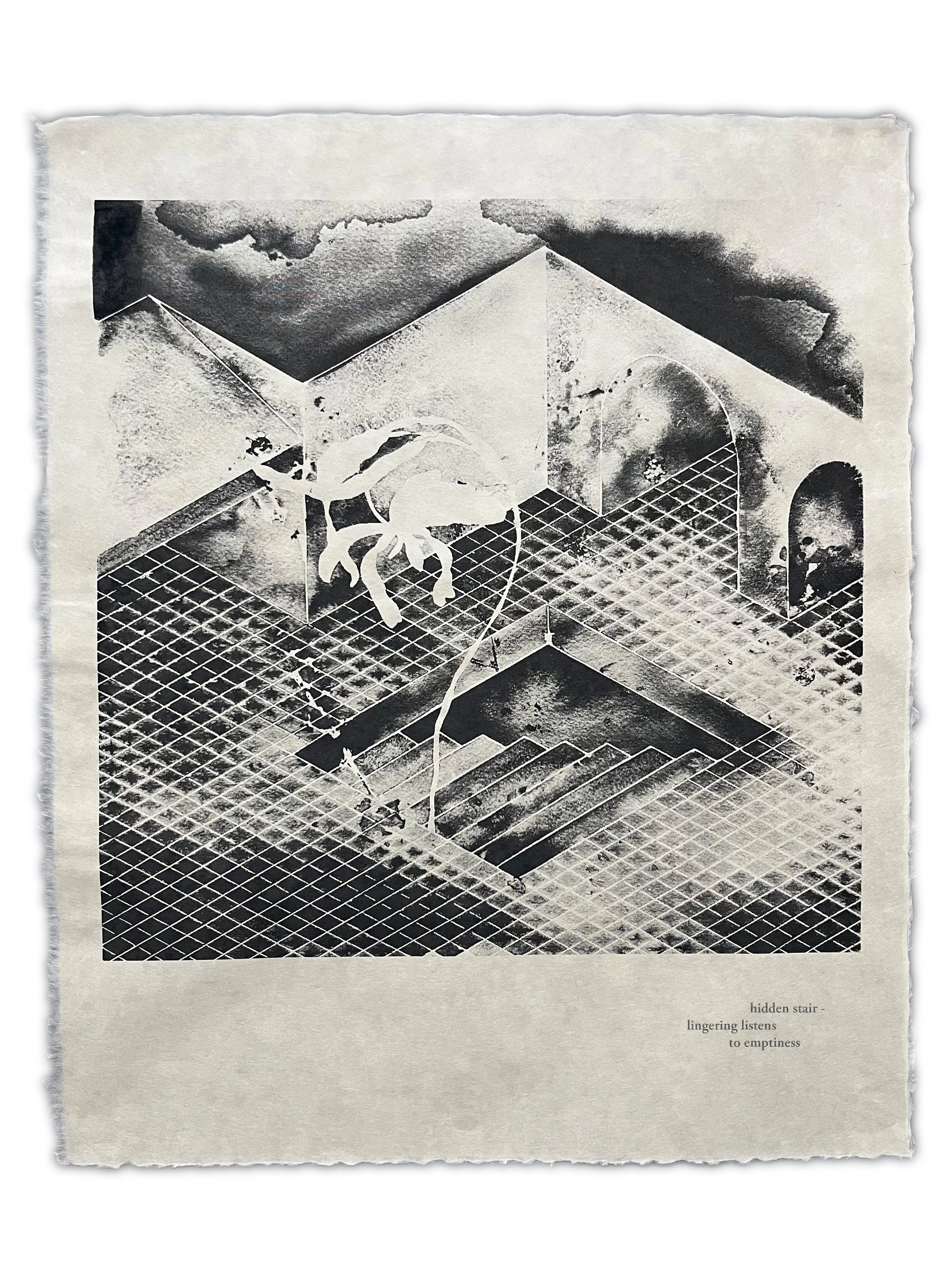 Black and white illustration of a staircase with a surreal, abstract background featuring clouds and geometric shapes, accompanied by the text 'hidden stair — lingering listens to emptiness'.