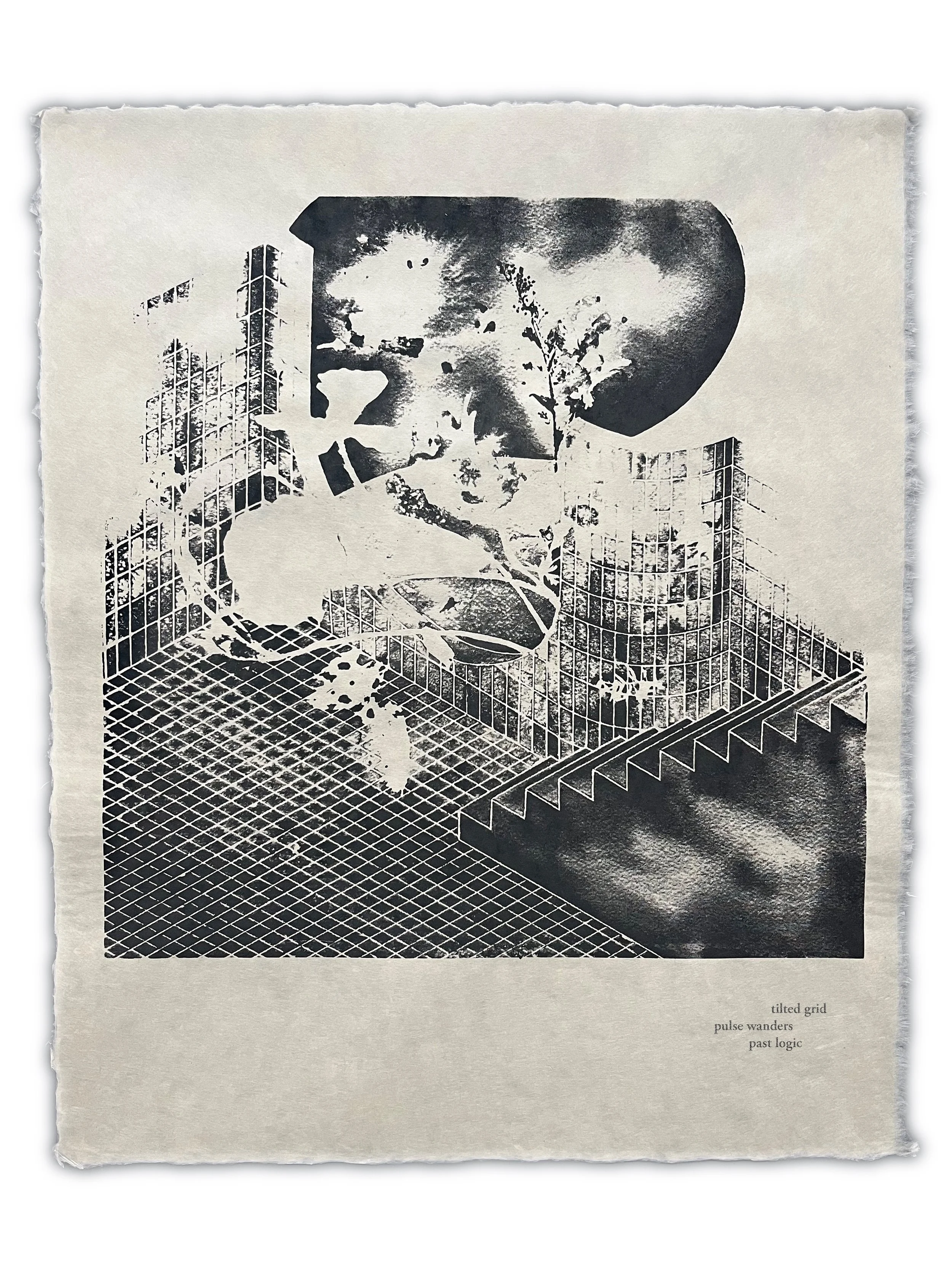 Black and white abstract artwork with geometric patterns, a tree, and the words 'tilted grid,' 'pulse wanders,' and 'past logic' written in small text.