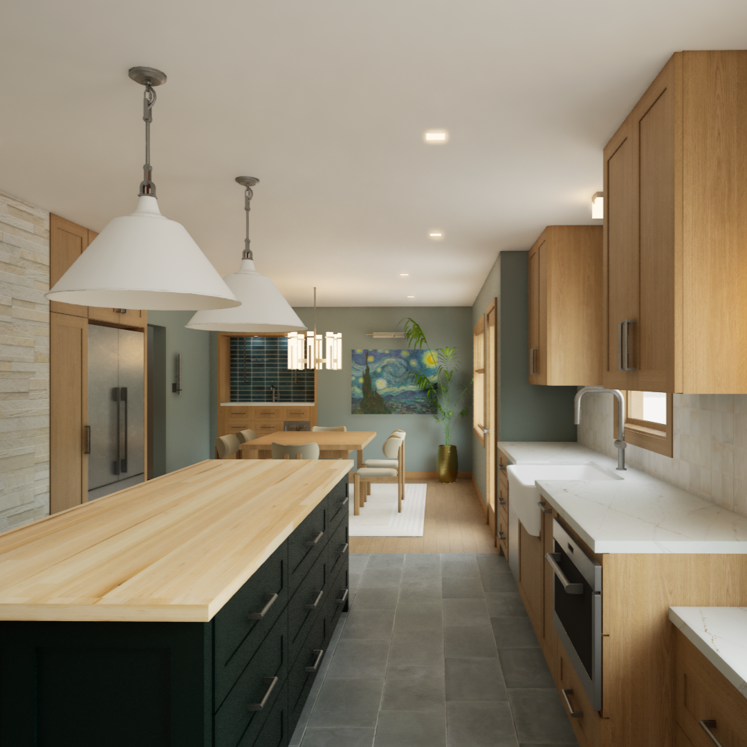 Modern kitchen with light wood cabinets, white countertops, black island with wooden top, pendant lights, and dining area with green accent wall and wall art