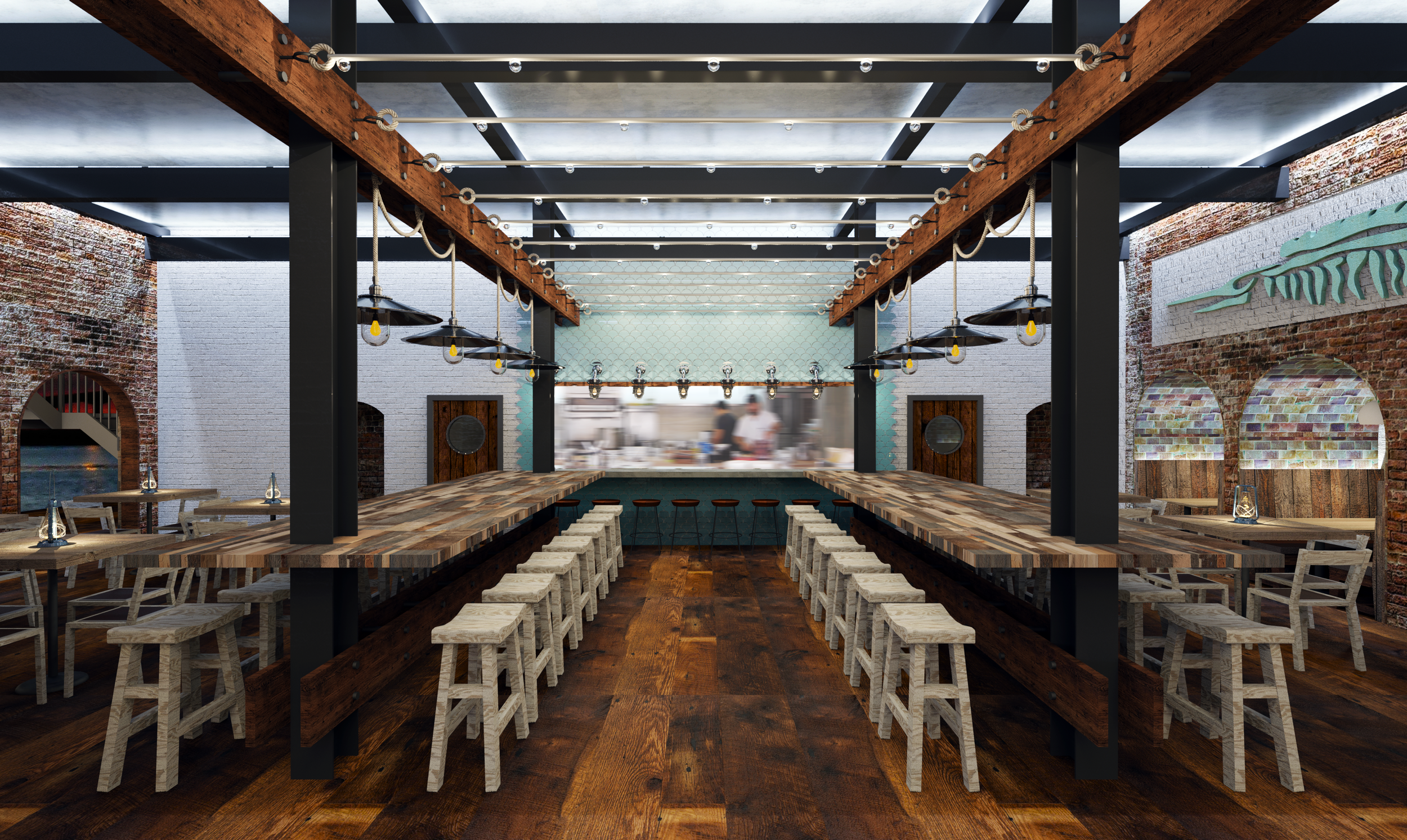Industrial-style florida based restaurant interior with long wooden communal tables, white stools, exposed beams, pendant lighting, and open kitchen and oyster bar in the background