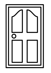 Outline of a six-panel door with a handle on the left side.