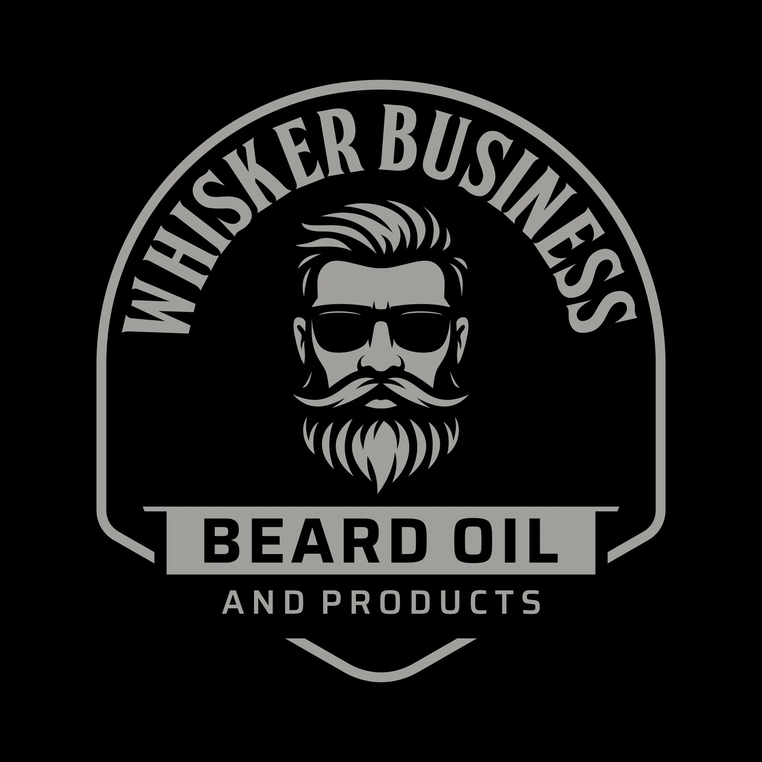 Logo for Whisker Business Beard Oil and Products featuring a bearded man with sunglasses.